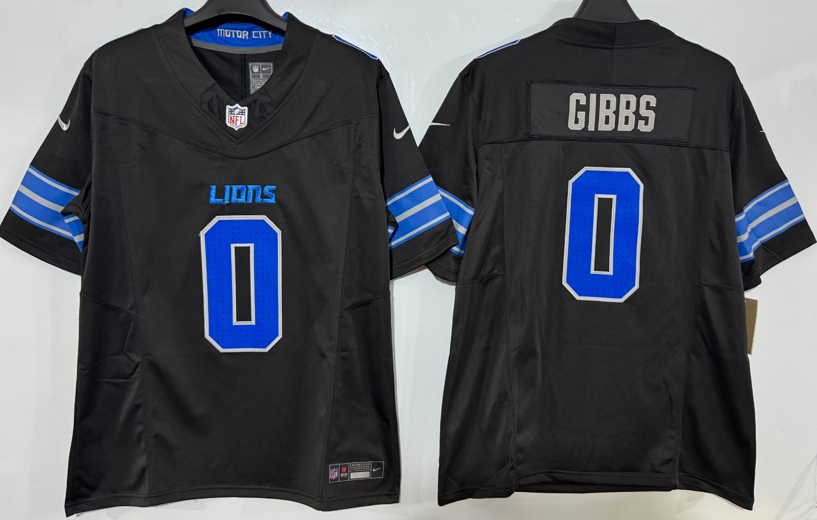 NWT Men's Jahmyr Gibbs #0 Lions FUSE Sewn Stitched Jersey Black/Blue/White