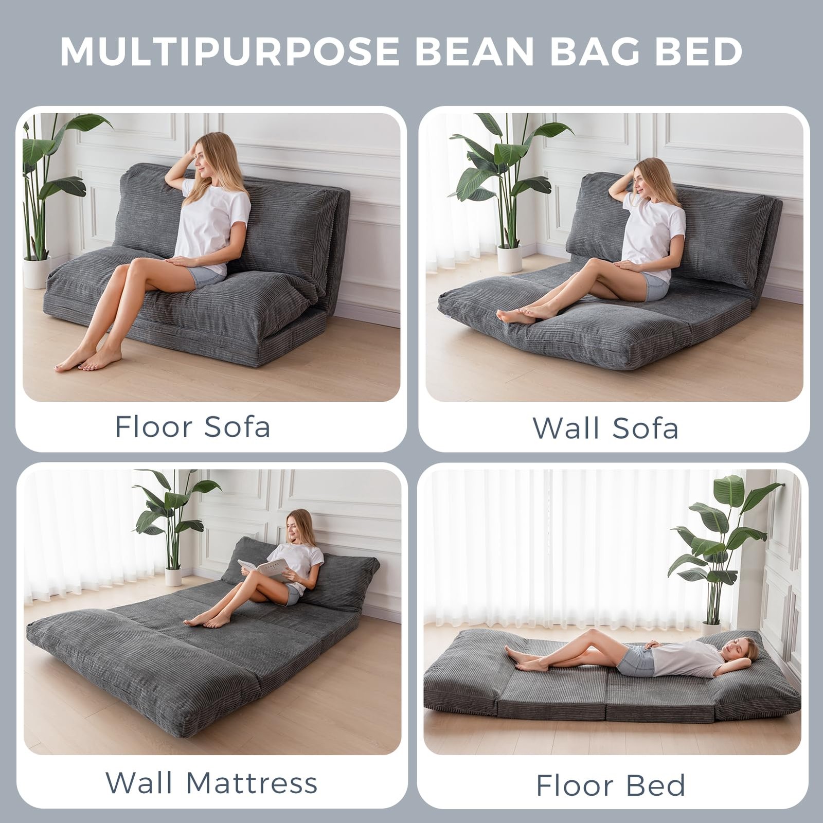 Folding Sofa Bed, Extra Thick and Long Floor Sofa Convertible Sleeper Chair w...