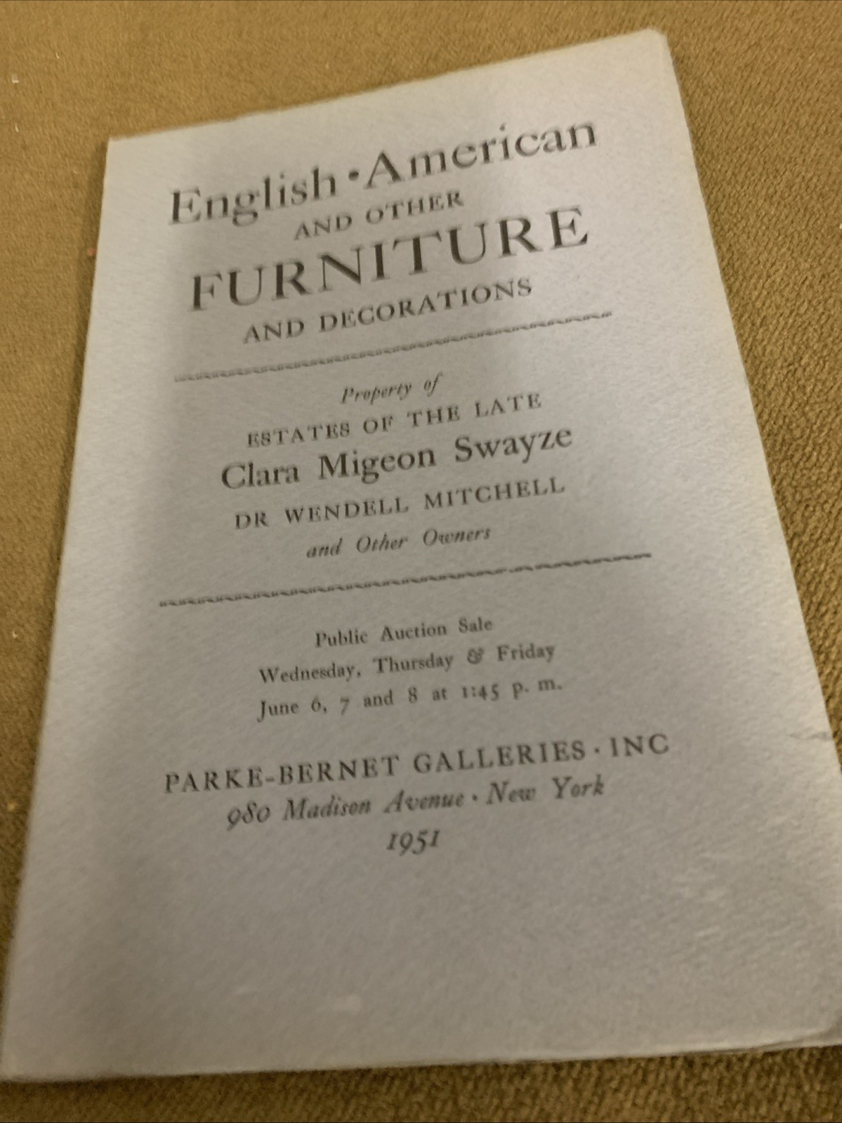 Parke Bernet Galleries Clara Migeon Swayze 1951 English America. Furniture Vtg
