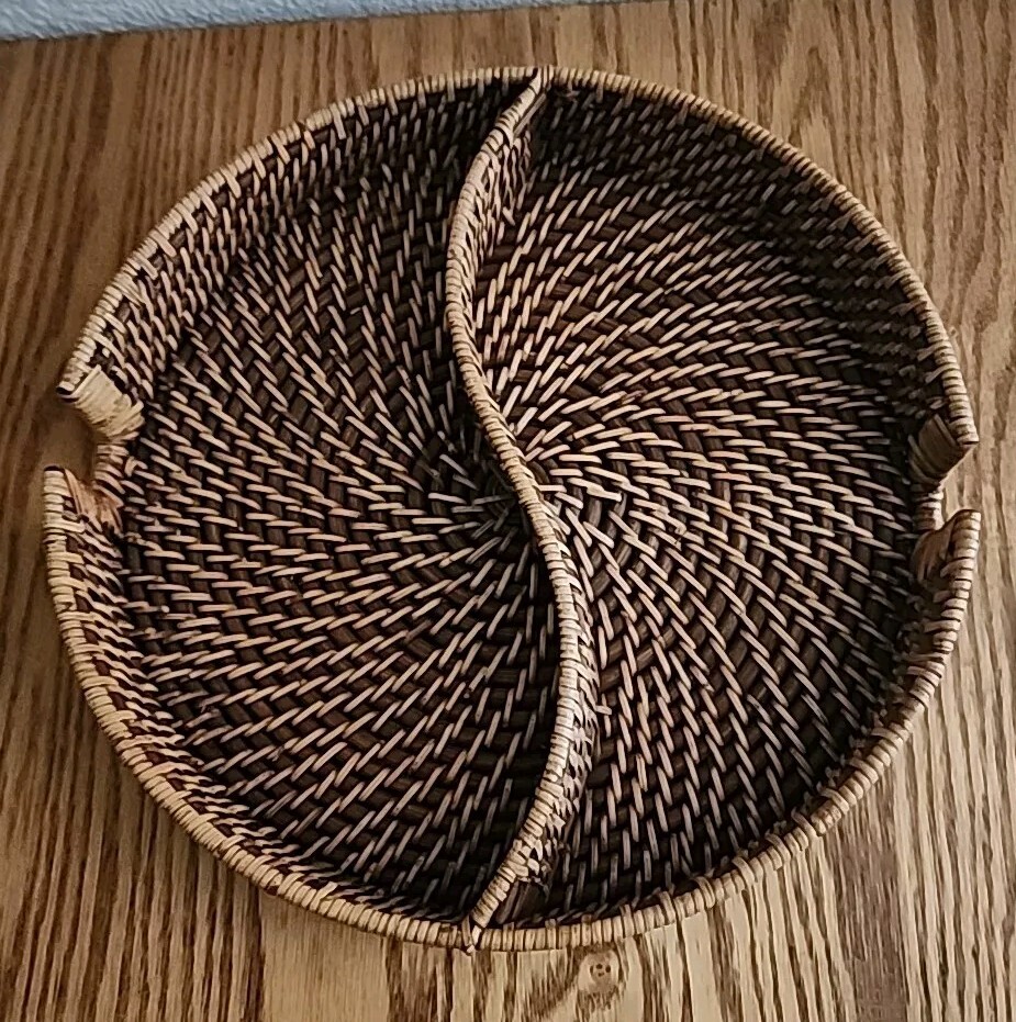 Round Rattan Wicker Tray Basket Decor Boho Chic Divided 12"