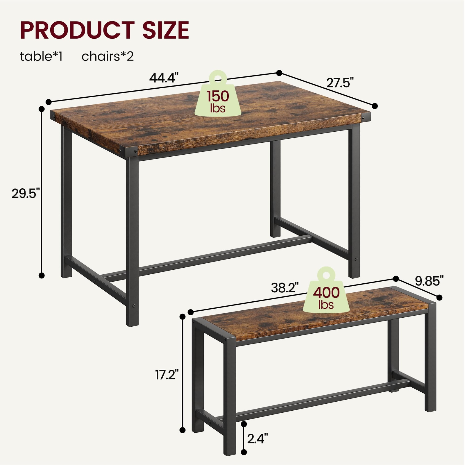3 Piece Dining Table Set for 4 ,Rectangular Kitchen Table and 2 Benches Dinette