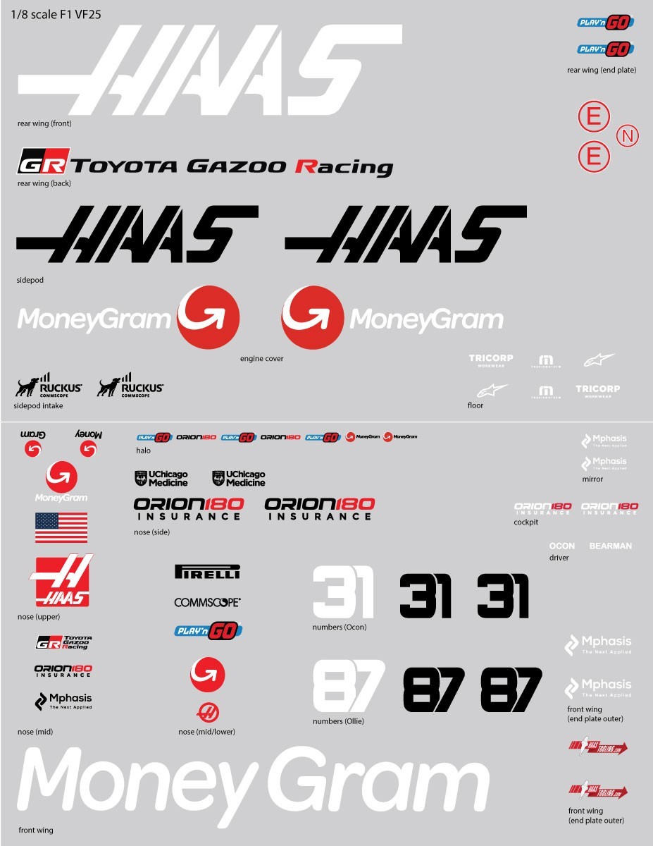 1/8 Scale Money Gram Haas F1 VF25 RC Car Transfer Decal Sheet