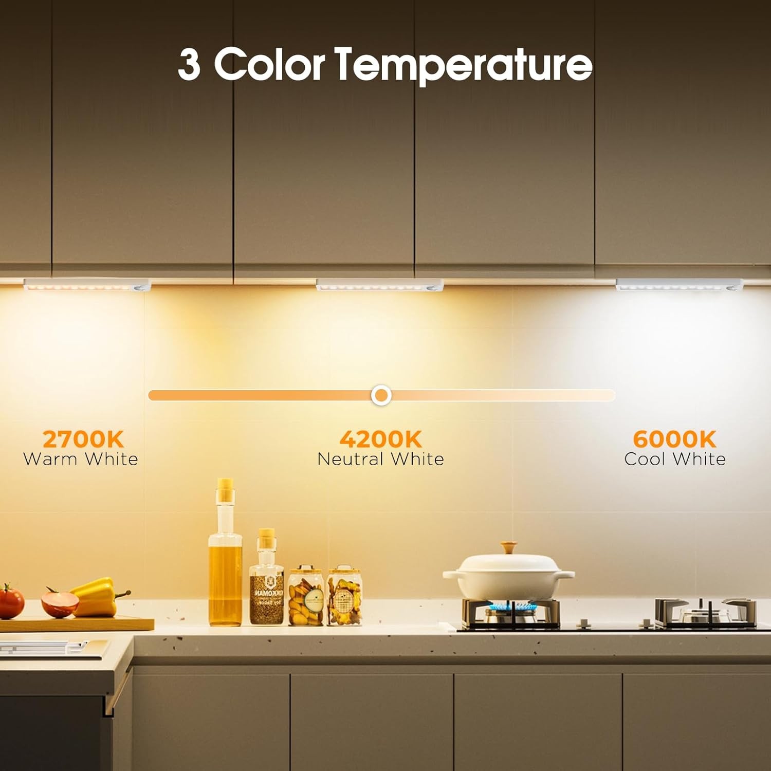Rechargeable Motion Sensor Under Cabinet Lights Dimmable 3 Color LED Lighting