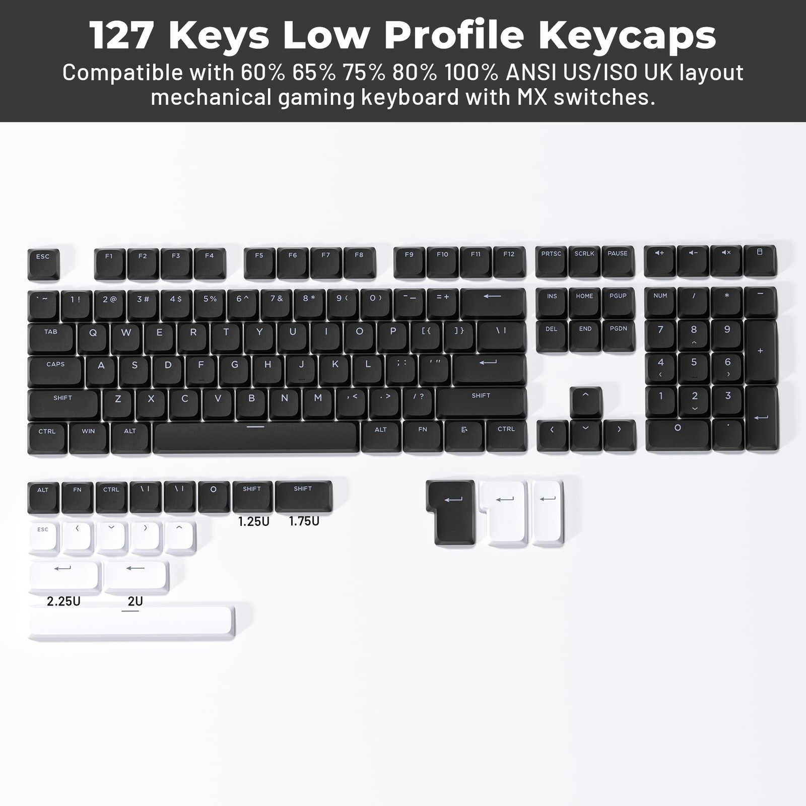 XVX Low Profile Black Keycaps, Shine Through Keycap Sets, black and white2