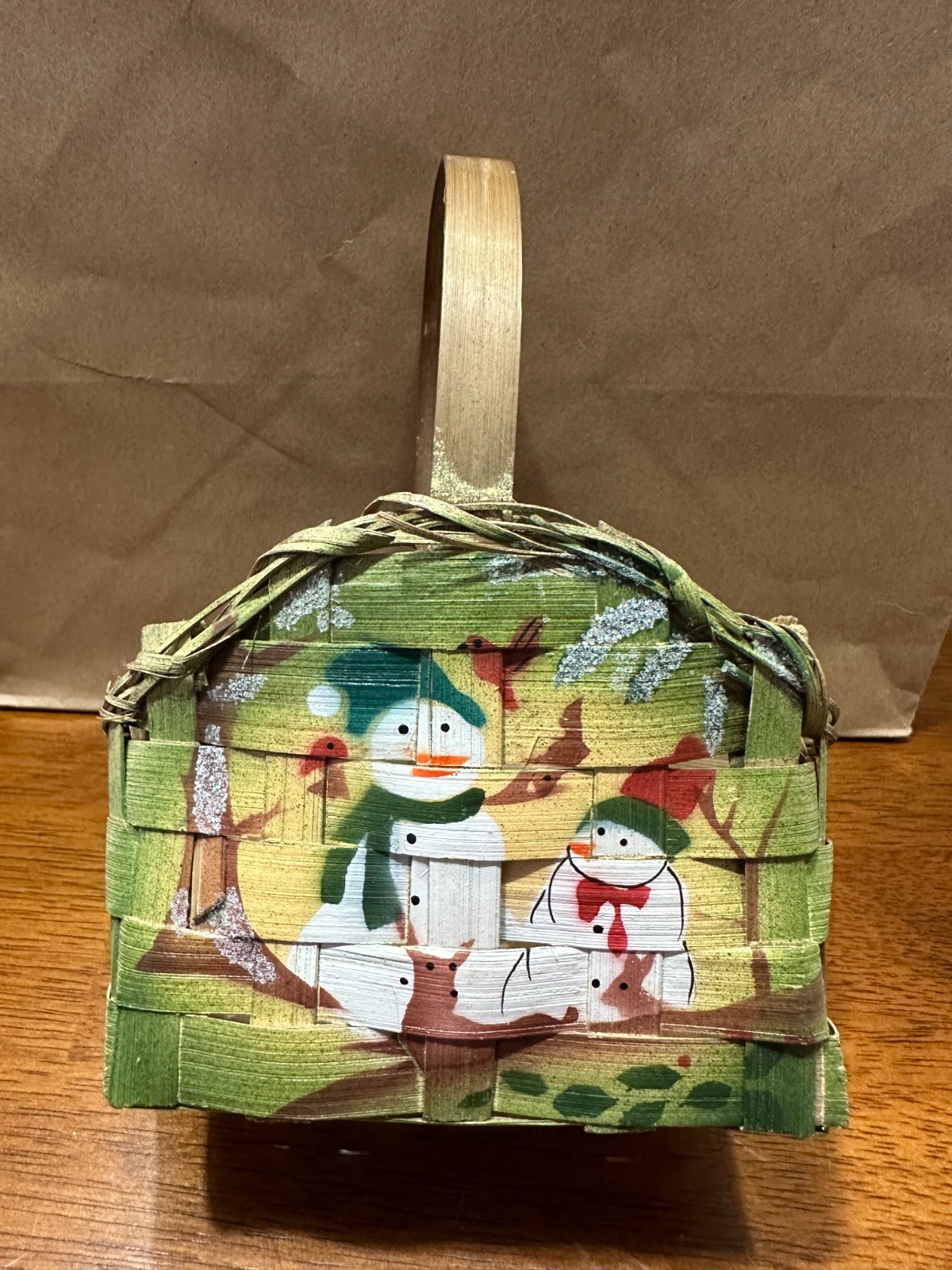 Vtg 1990s Woven Reed Rattan Snowman Basket Handmade Painted Christmas