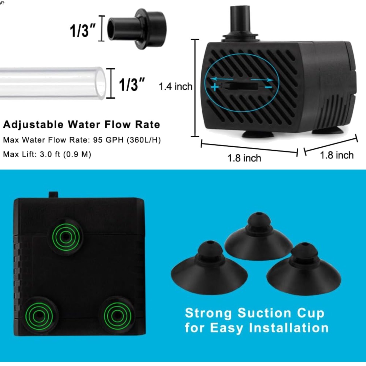 95GPH 5W Mini Submersible Water Pump with 3.3 ft Tubing for Aquarium Fish Tan...