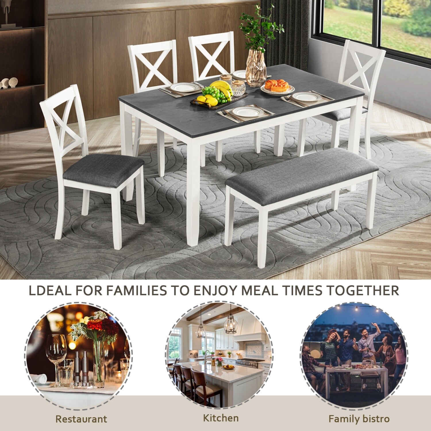 6 Piece Dining Table Set Wooden Dining Table Kitchen Table with 4 Chair & Benchs