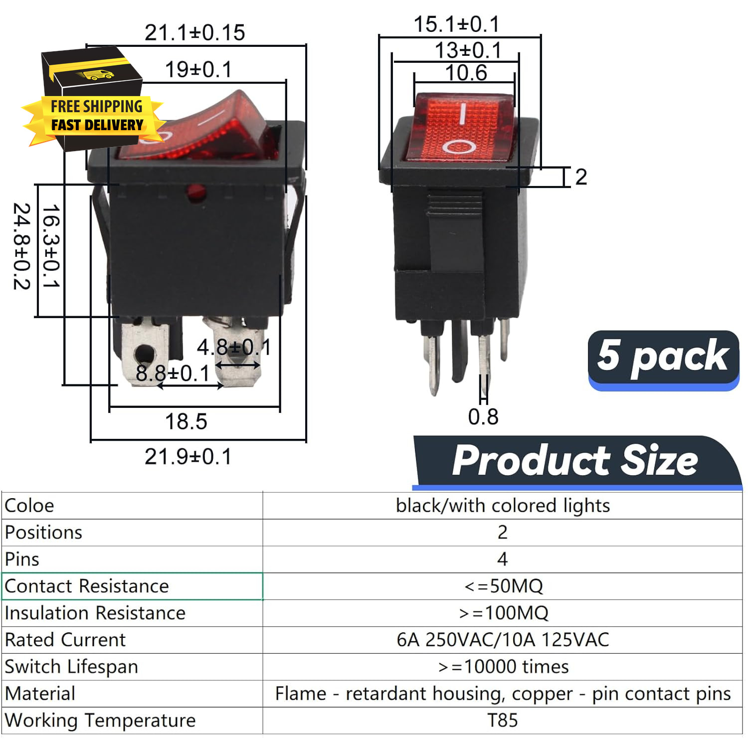 5 Pack Mini Rocker Switch, On-Off Power Switch Red Button 4 Pin Toggle Switch, L