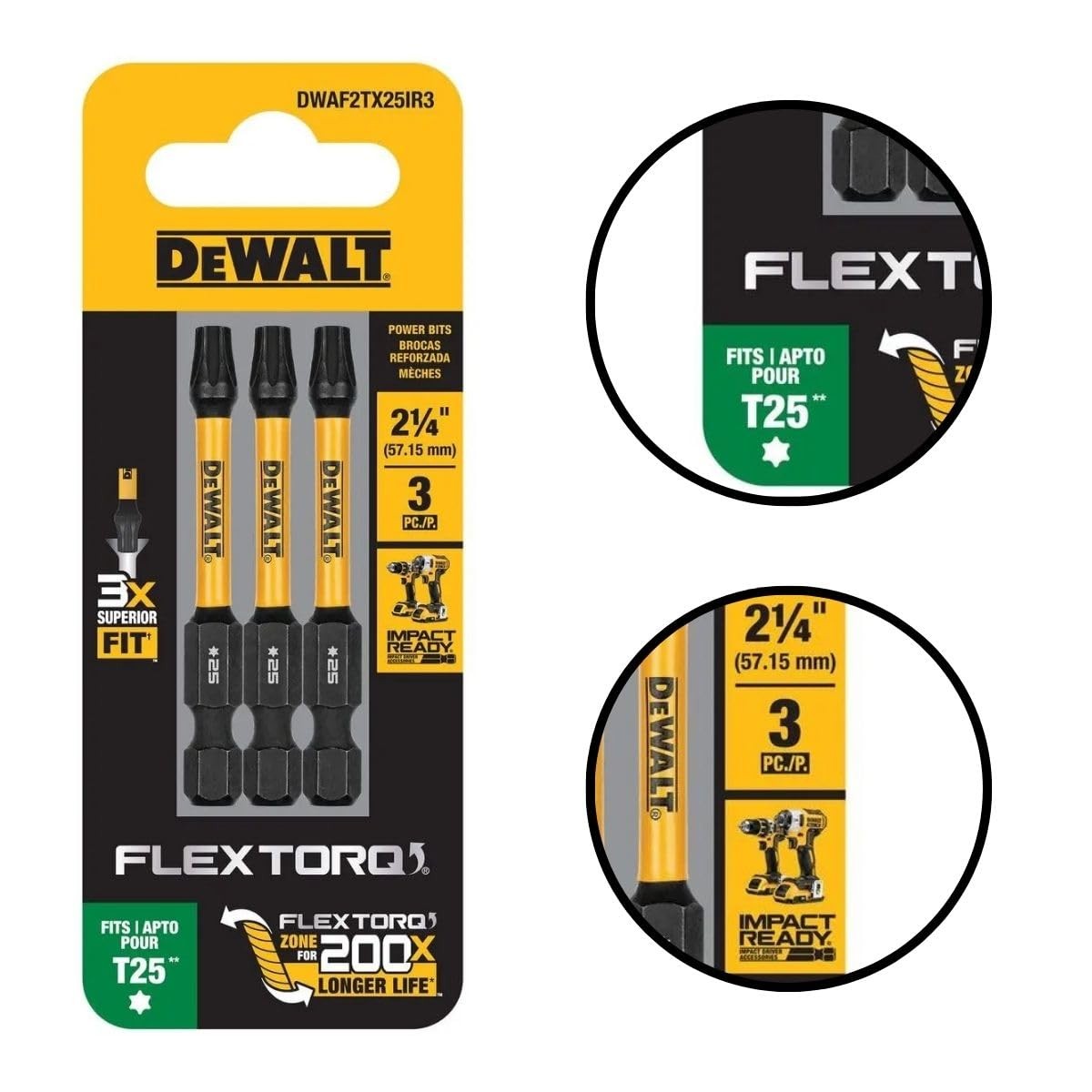 Flextorq 3 Piece Torque Bit Set 2.25in Bits T25 25IN Torque Bits Set
