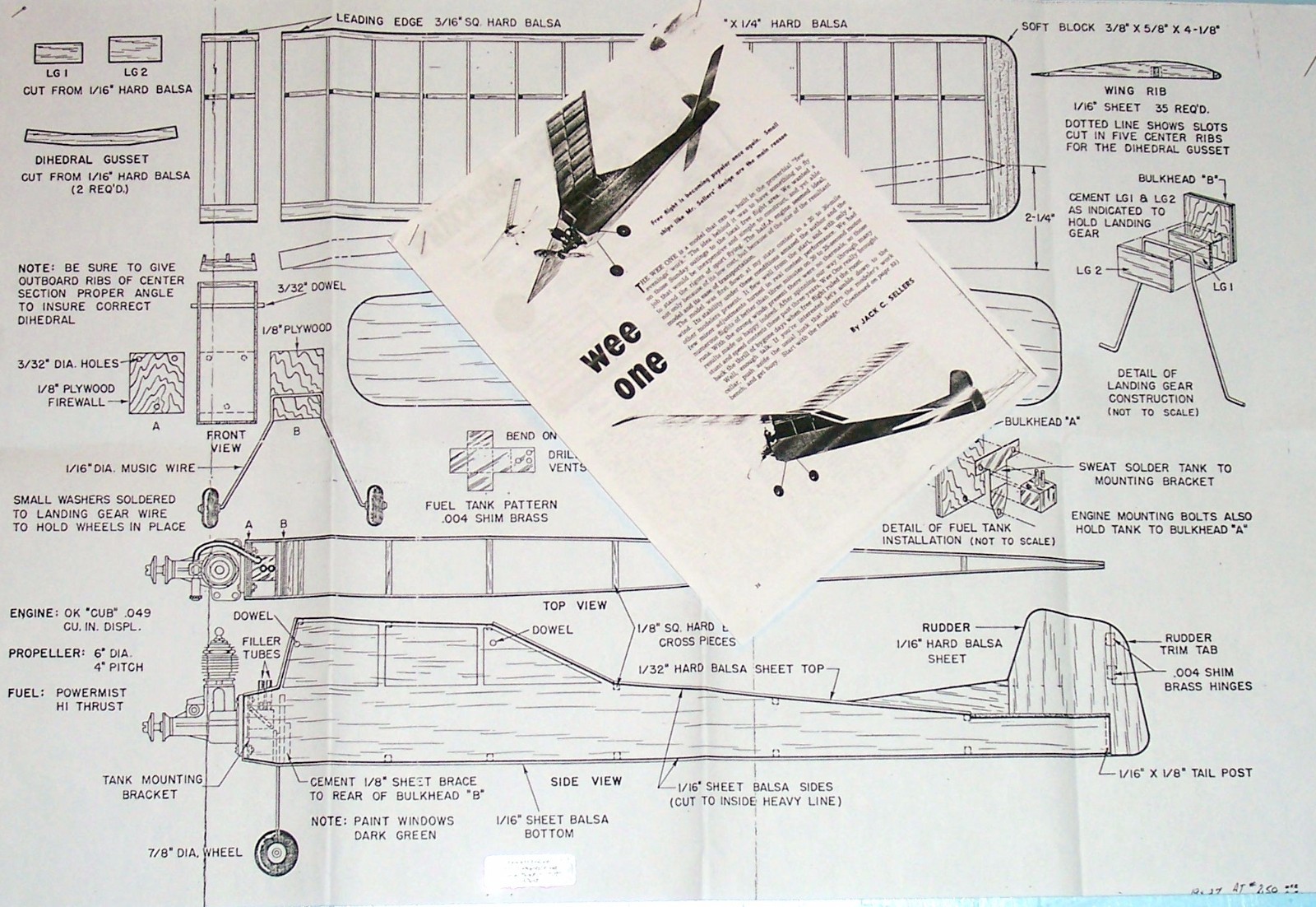 Air Trails WEE ONE PLAN + CONSTRUCTION ARTICLE for 32" 1/2A FF Model Airplane
