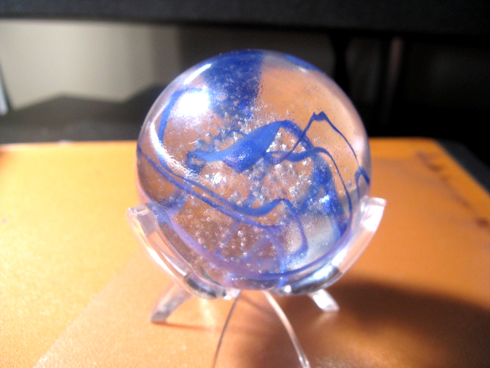 Glass Blue Strands & Clear Bubbles 6" Circumference Orb/Globe on a Plastic Stand