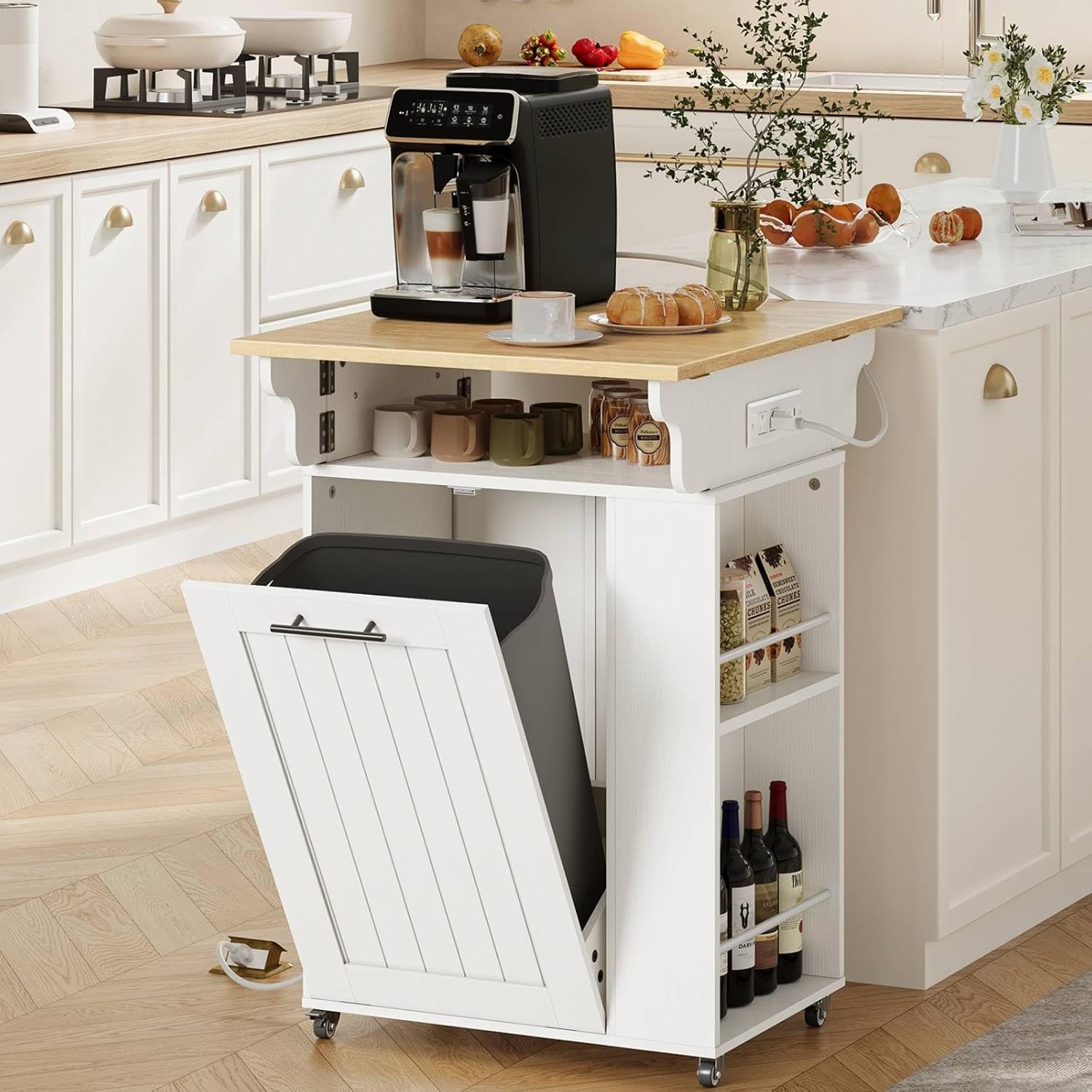 Kitchen Island with Trash Can Storage, Rolling Kitchen Island with Drop Leaf ...