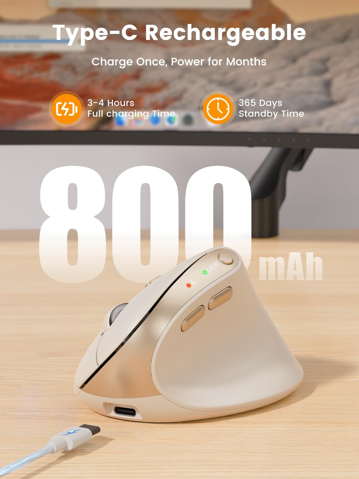 MAM3 Ergonomic Vertical Wireless Rechargeable Mouse 4 Adjustable DPI Beige