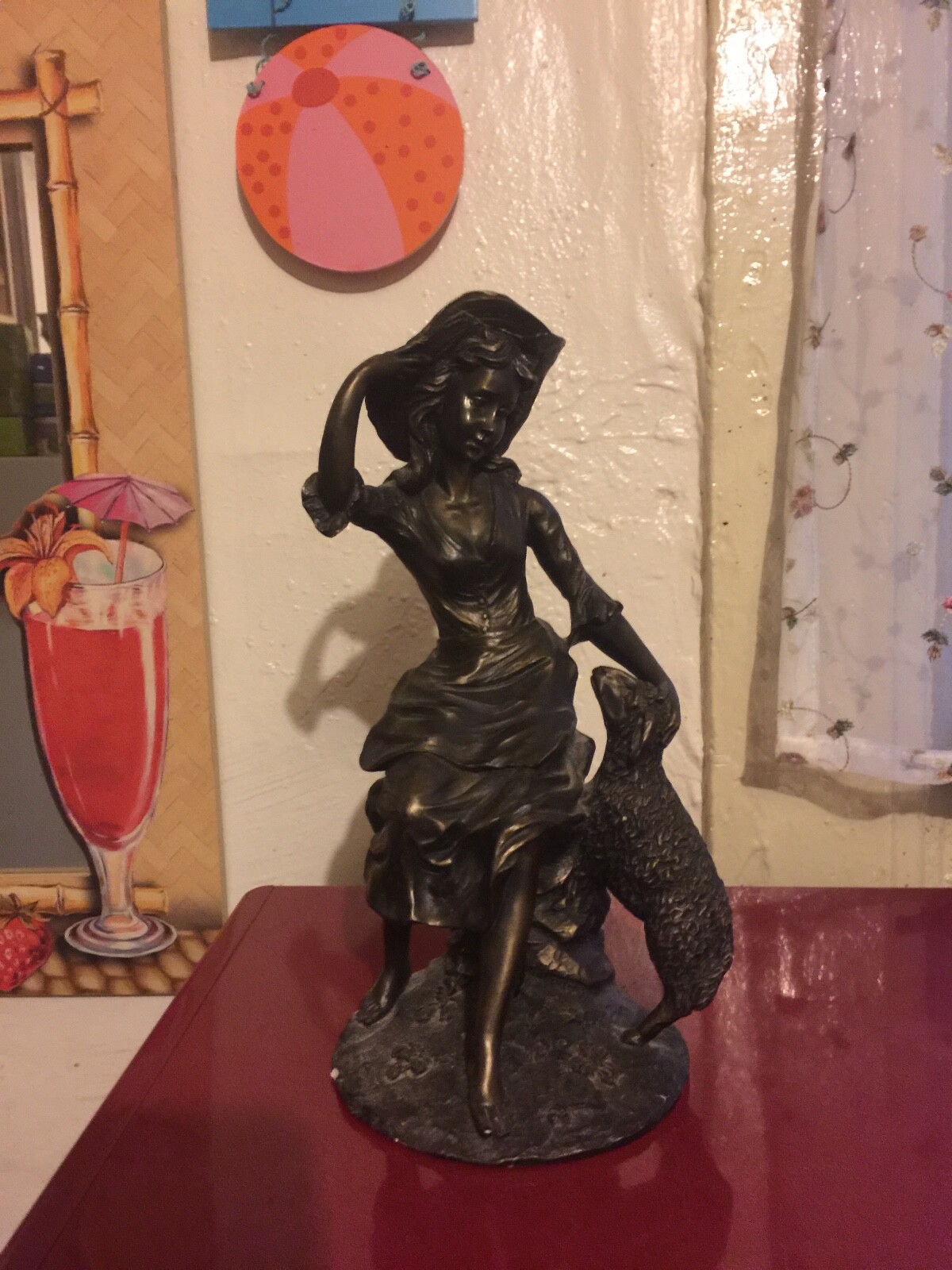 Signed shepherd girl and sheep sculpture by artist Mario Pegoraro