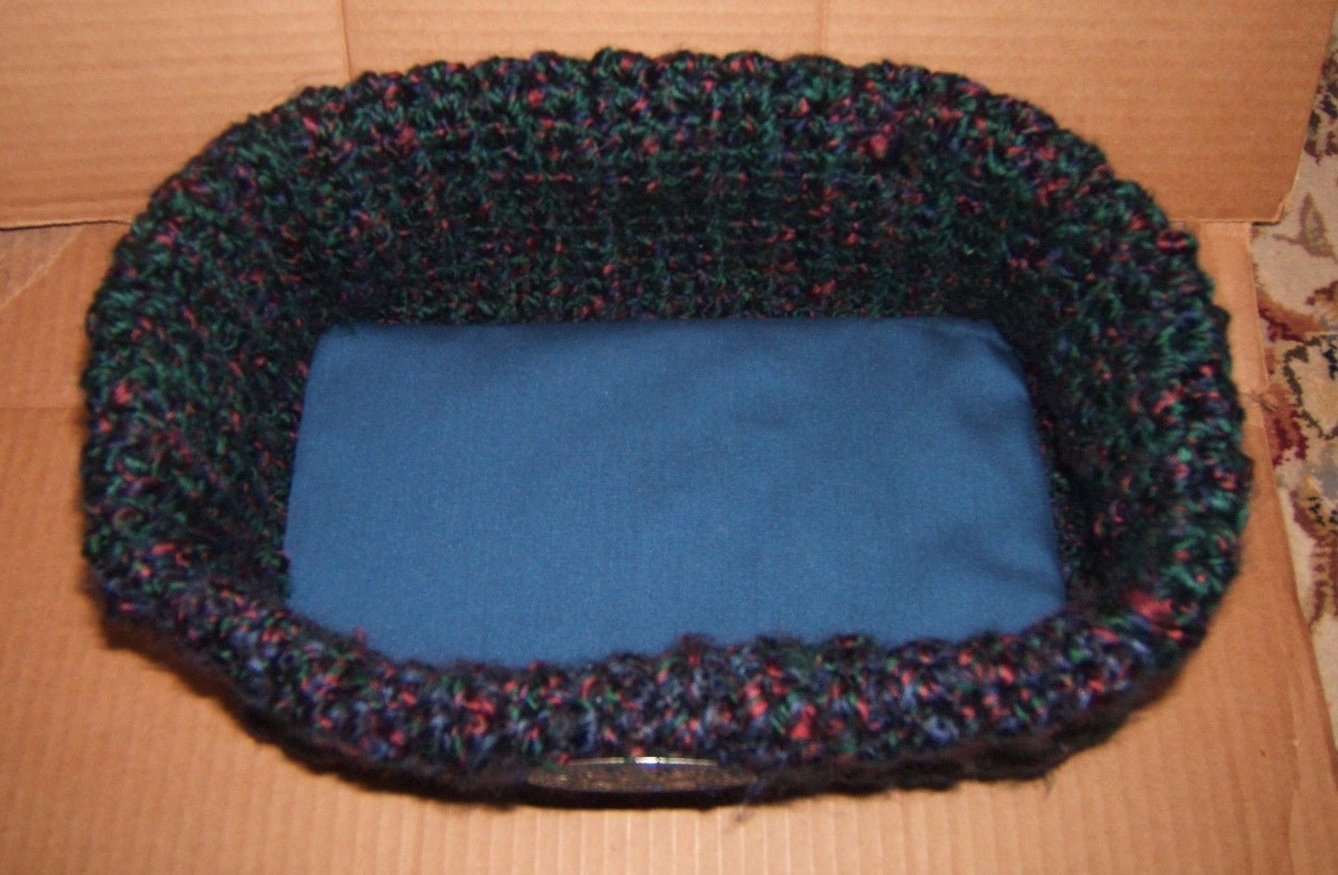 Handmade Crochet Basket 7" x 10" x 4" Navy/Red Tweed