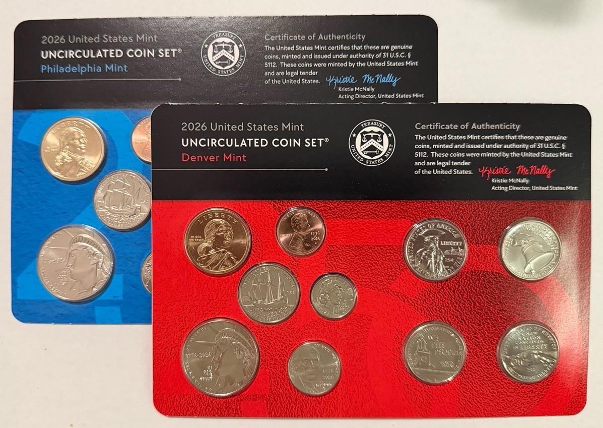 2026 P & D Uncirculated Coin Mint Set with Dual Date 1Cent Penny. (Set Pictured)