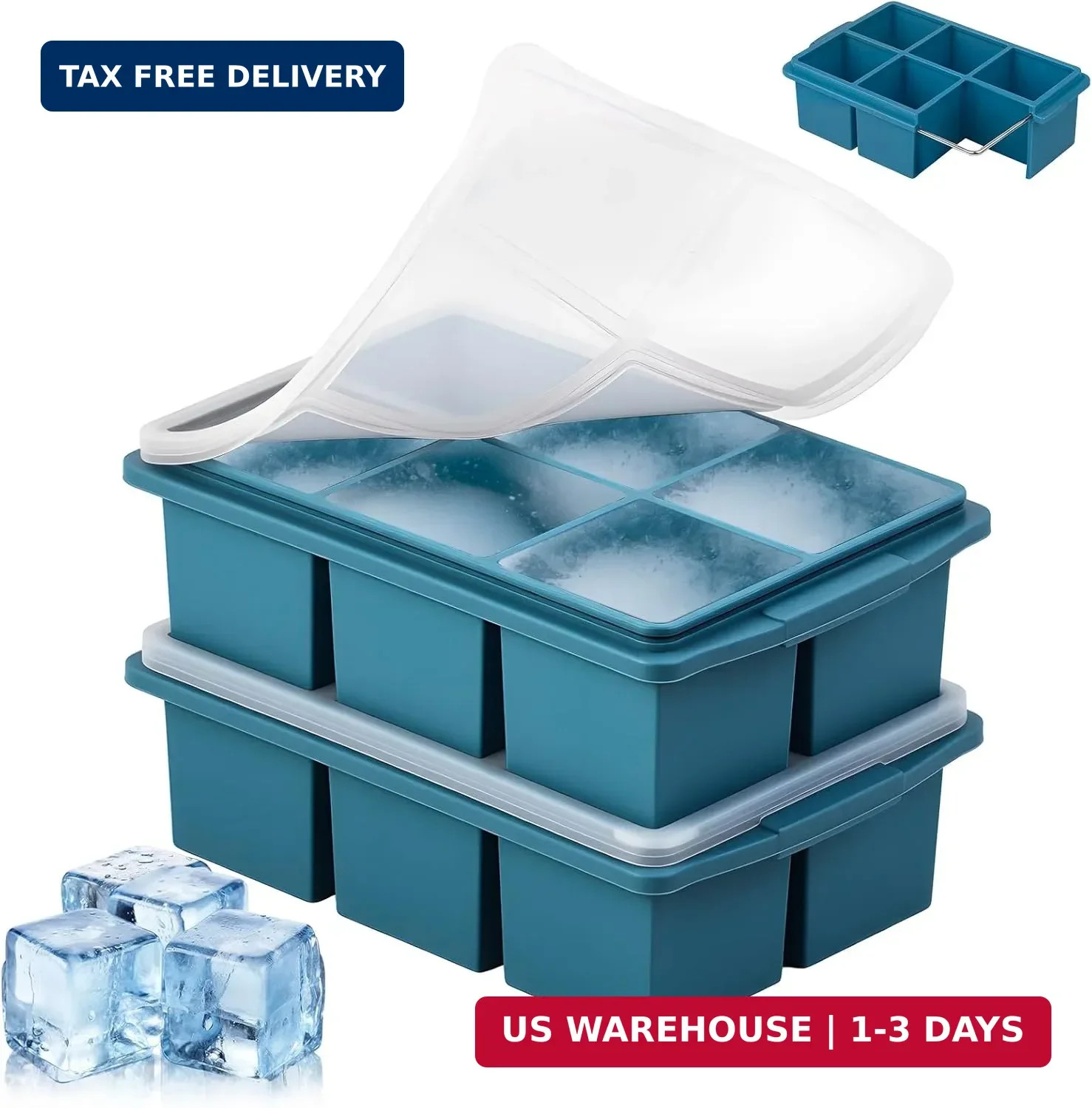 Large Ice Cube Trays for Whiskey (2 Pack) - Silicone Ice Cube Molds with Steel F
