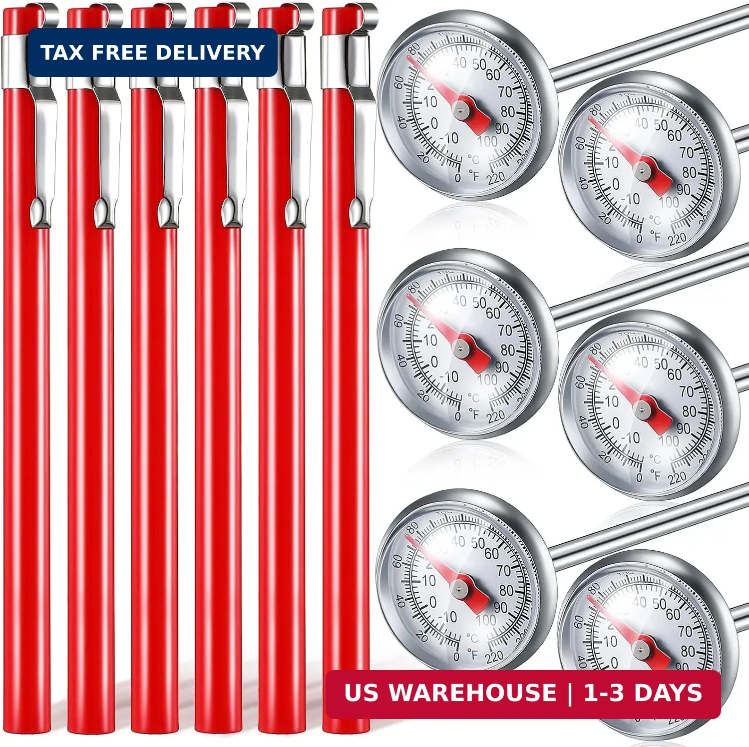 6 Pcs Stainless Steel Kitchen Thermometer with 5 Inch Long Stem 1 Inch Dial Ther