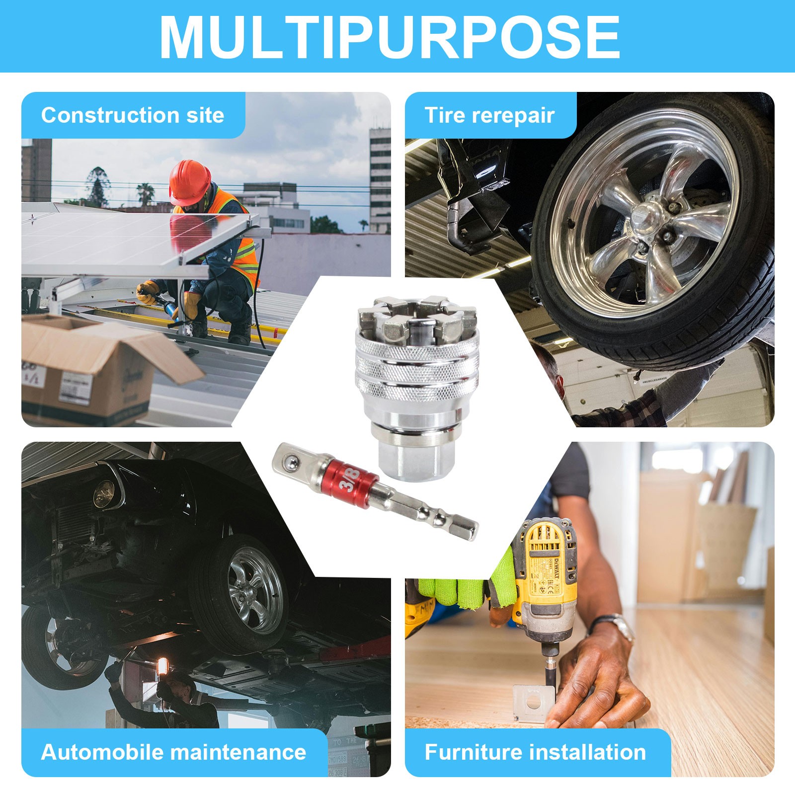 Universal Multi-Function Wrench Socket Adapter Head for 3/8 inch Drive Wrench
