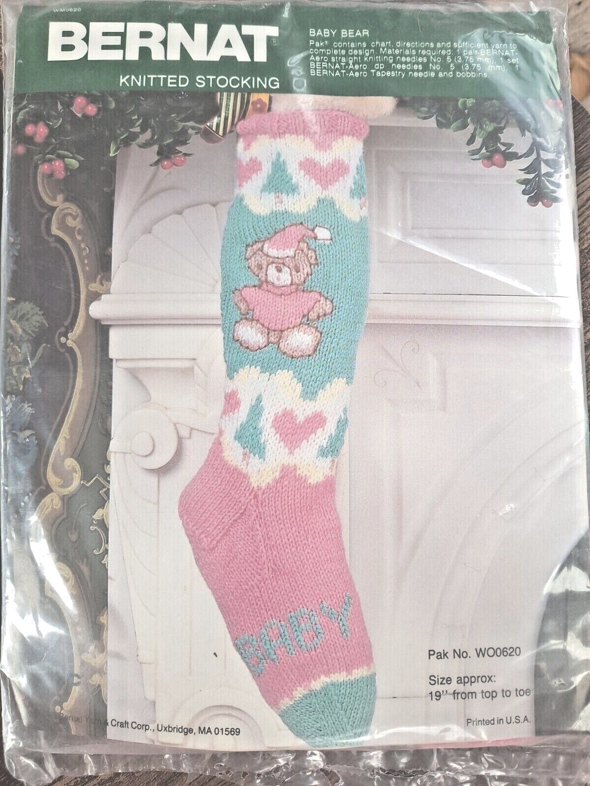VTG (1988) New Bernat Knitted Sock Kit "BABY BEAR" Sealed #WO0620 Pink / Aqua