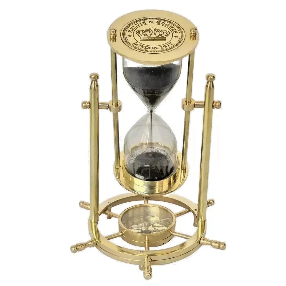 Antique Hourglass with Brass Frame and Compass Base, Hanging Collectible