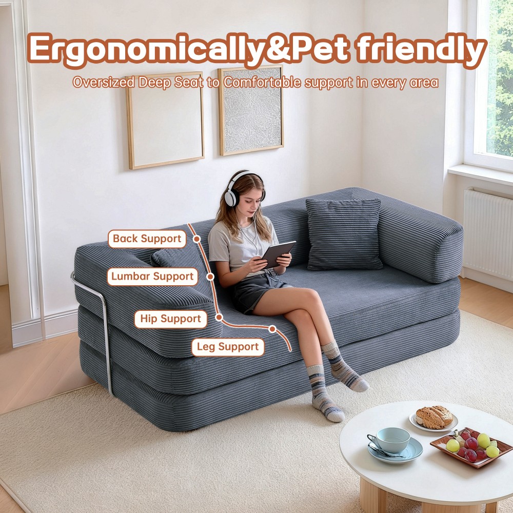 Modular Floor Sofa Bed w/Blanket Pillow,75"L Corduroy for Living Room