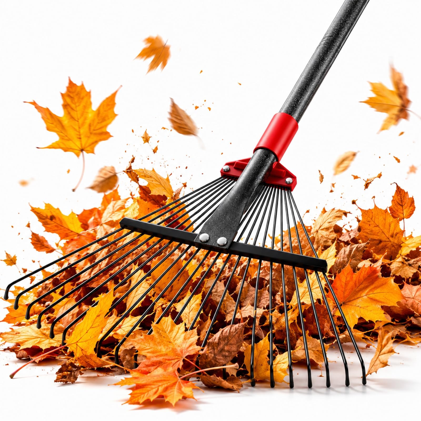 76Inch Adjustable Metal Leaf Rake, 18 Tines Heavy Duty 76 inch, Red