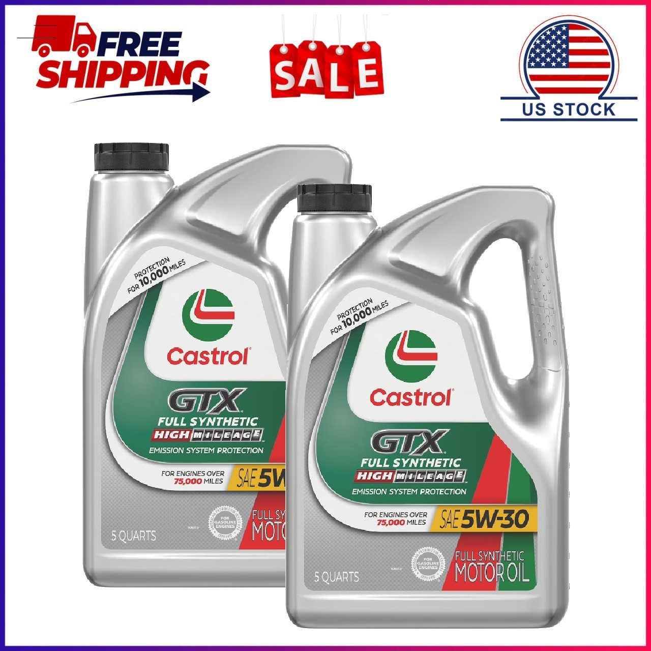 2  Pack Castrol GTX Full Synthetic High Mileage 5W-30 Motor Oil, 5 Quarts