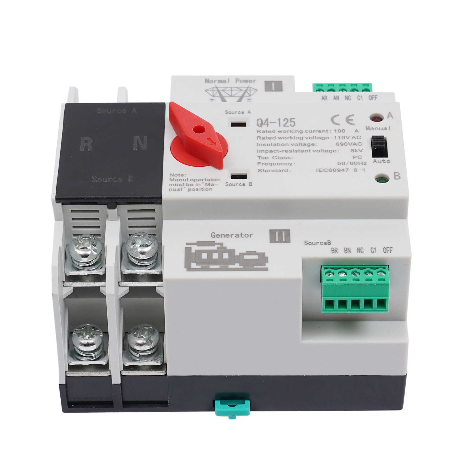2P 100A 2 pole Dual Power Automatic Transfer Switch Generator Changeover Switch