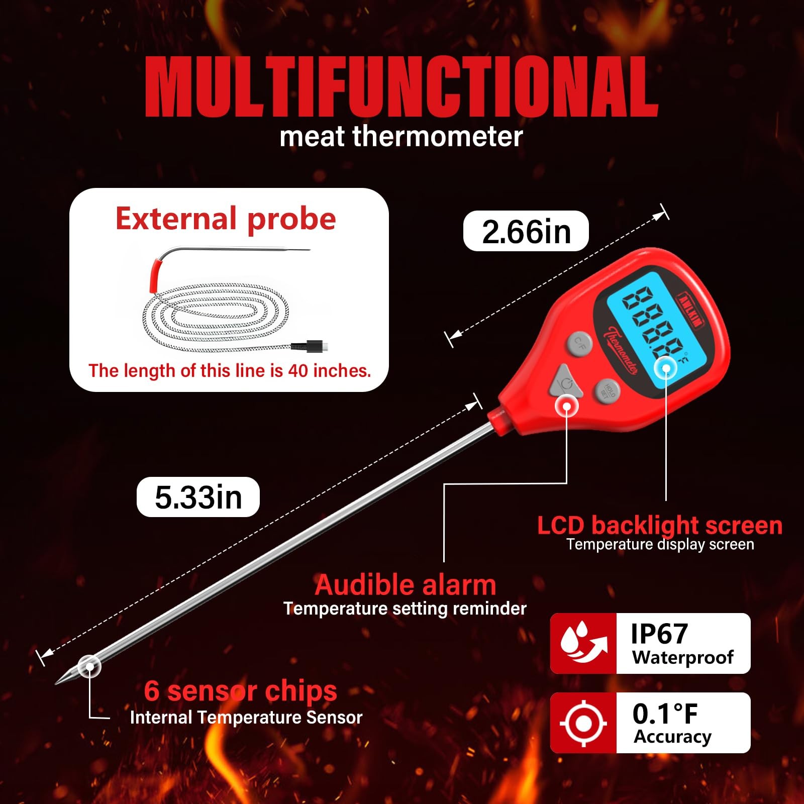 Rechargeable Digital Meat Thermometer with 3.3ft External Probe, Warning Aler