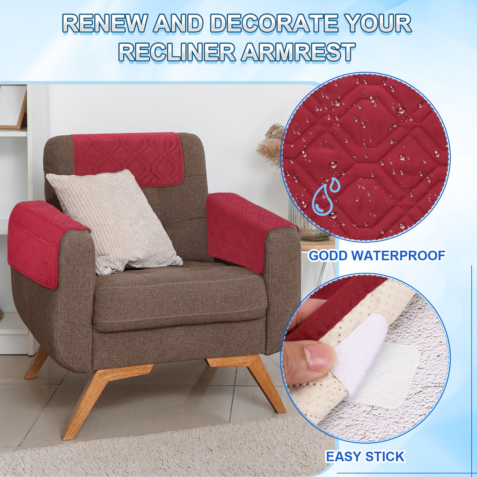 2Pcs Sofa Armrest Covers, Armchair Covers with Side Storage Pocket, Red