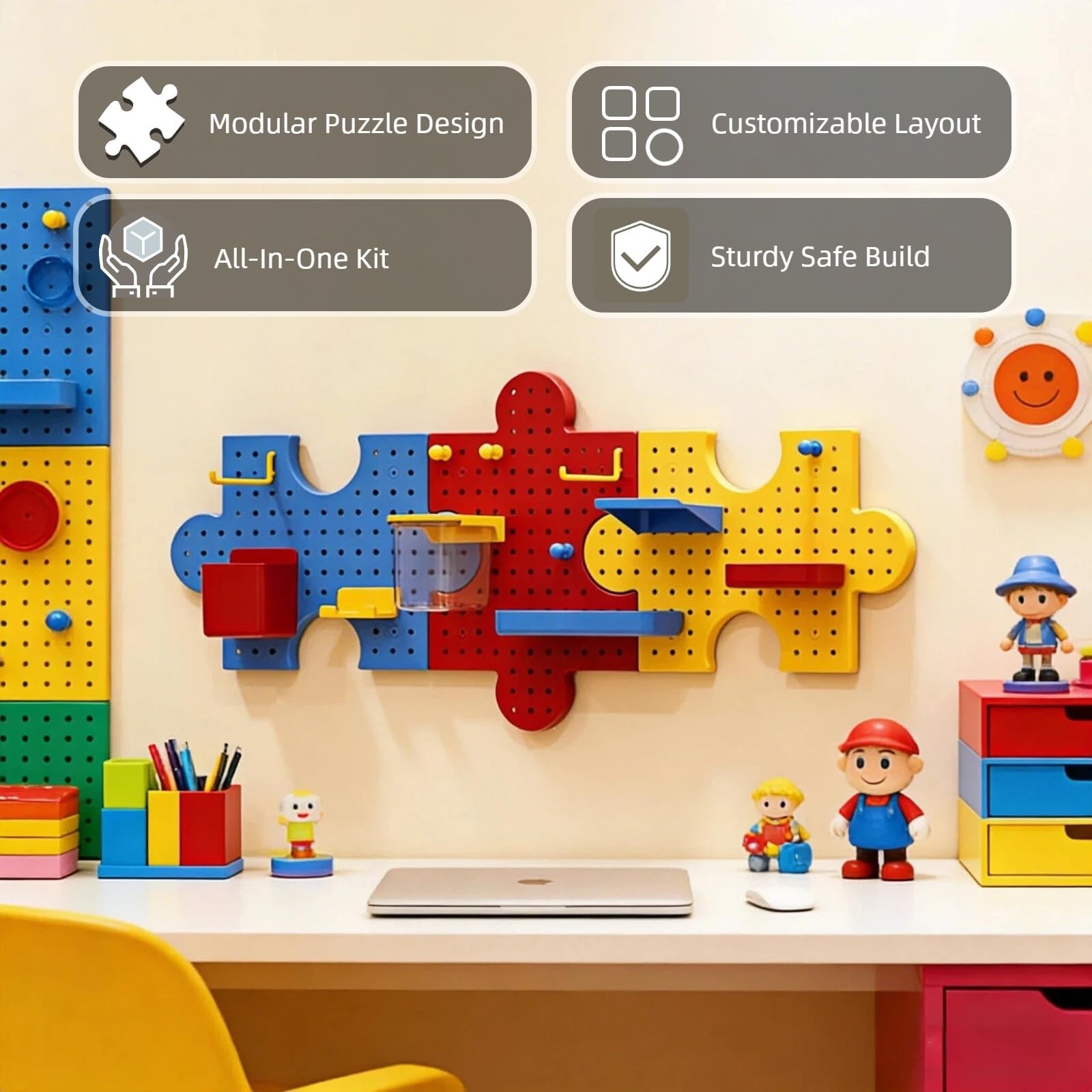 Pegboard Wall Organizer, Puzzle Modular Plastic Storage System with Hooks She...