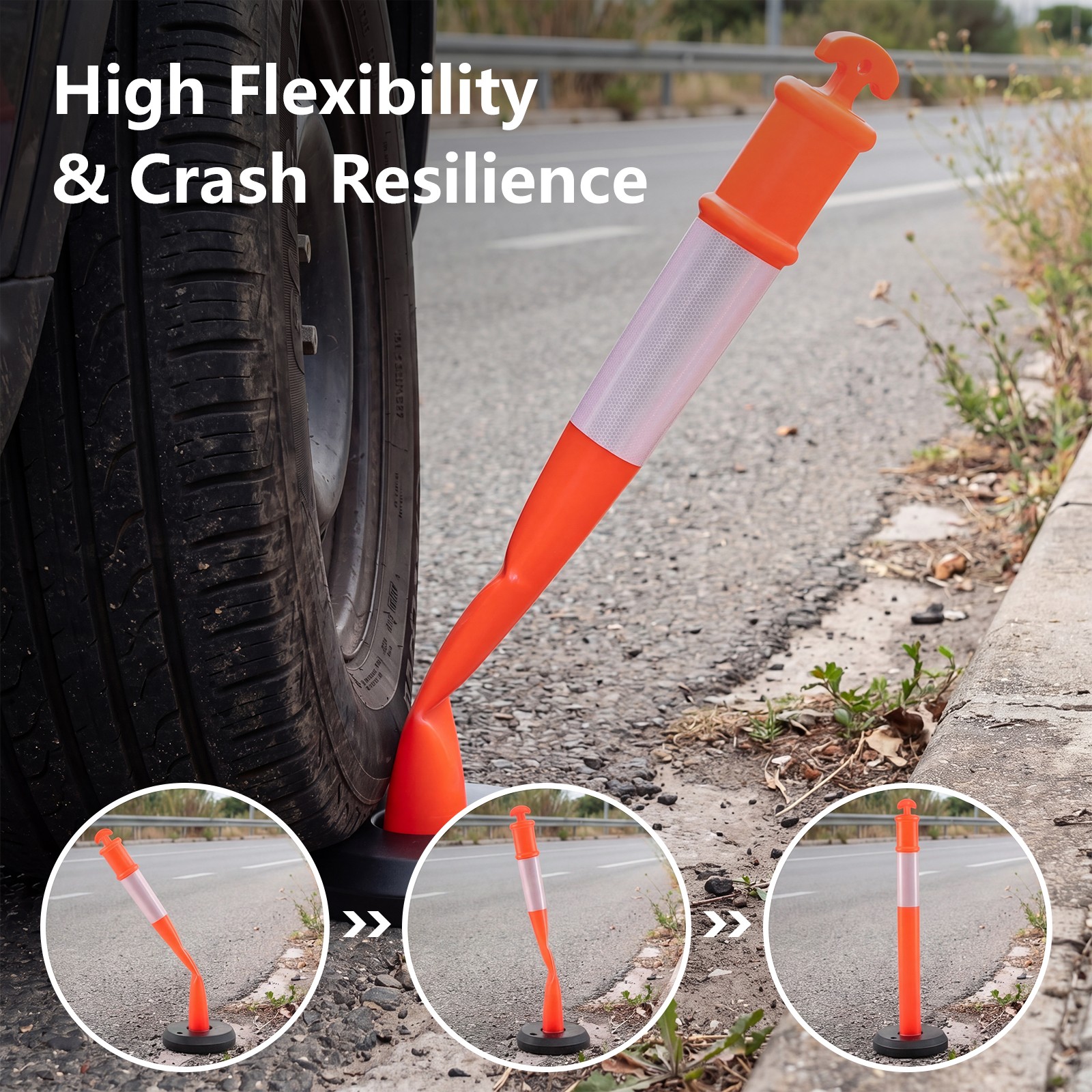 3 Pack Traffic Delineator Posts with Fillable Base,45 Inch Delineator Post Cones