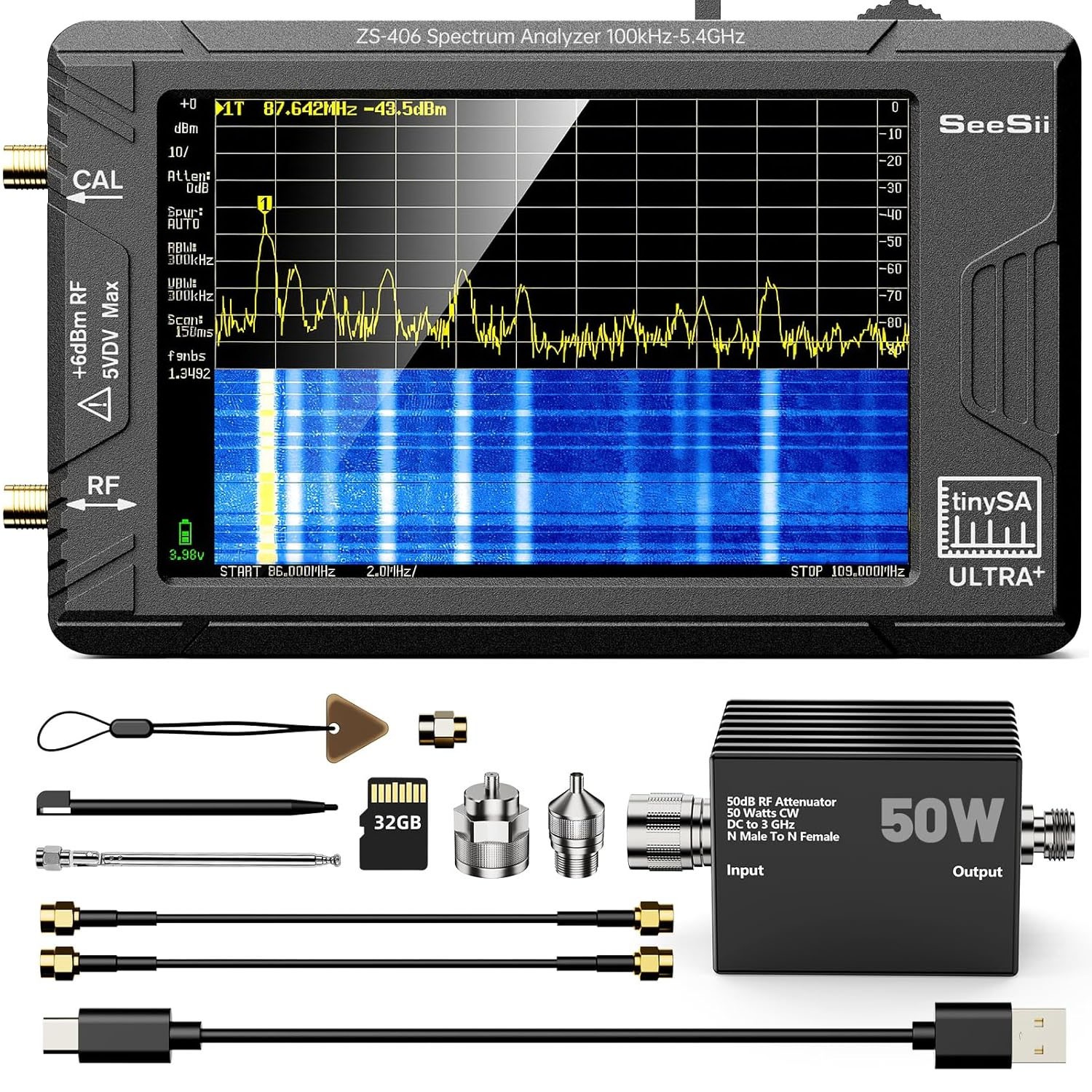 100kHz-5.4GHz TinySA Ultra+ ZS406 Spectrum Analyzer Signal Generator &Attenuator