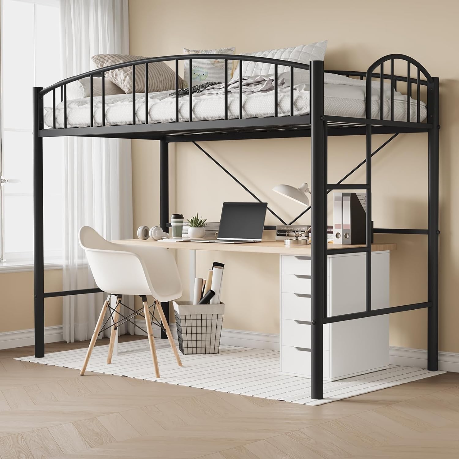 Metal Loft Bed Frame Twin Size, Sturdy with Safety Guardrail for Teens & Adults