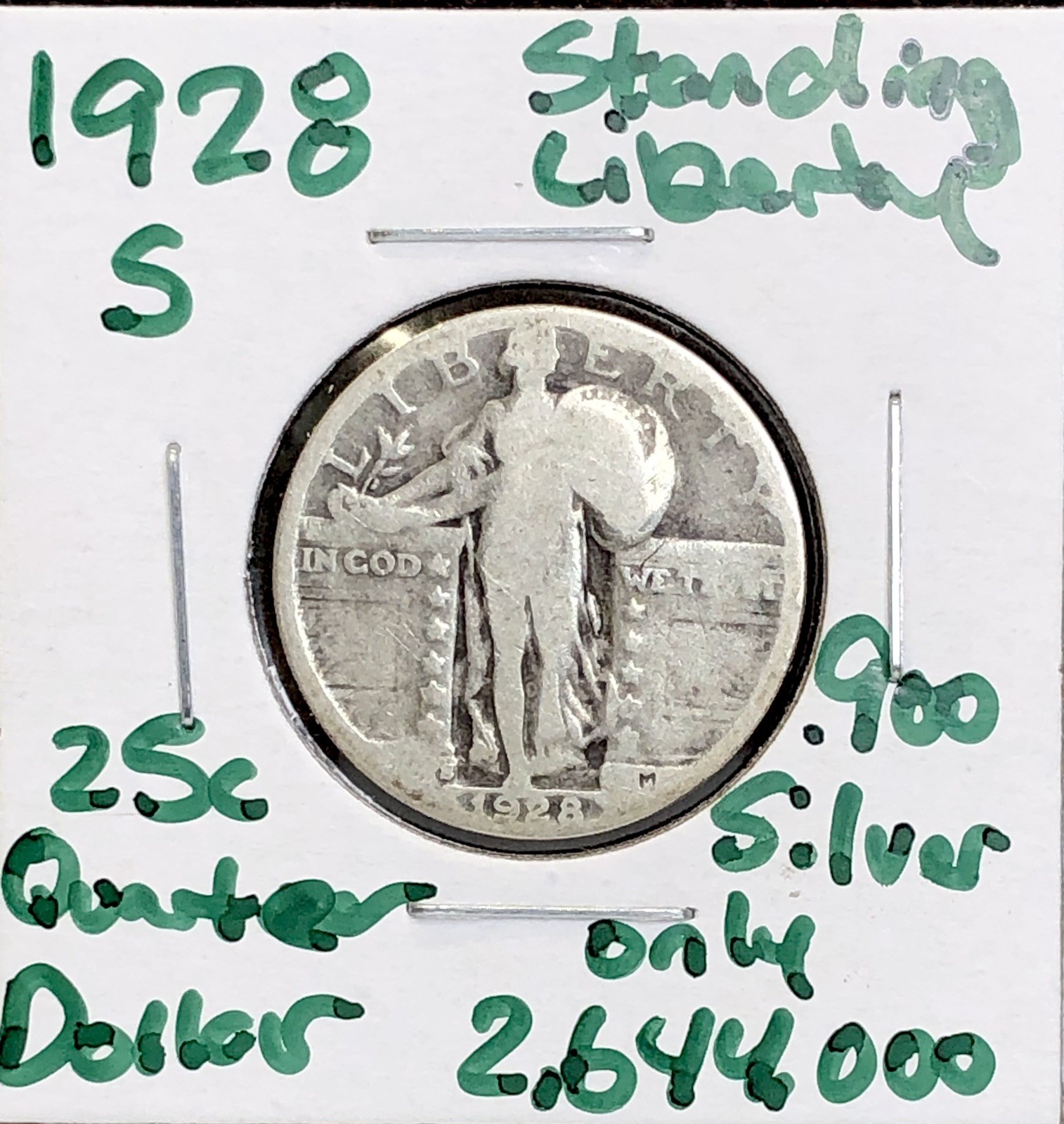 1928-S Standing Liberty Silver Quarter VG - Better Date - Only 2,644,000 Minted