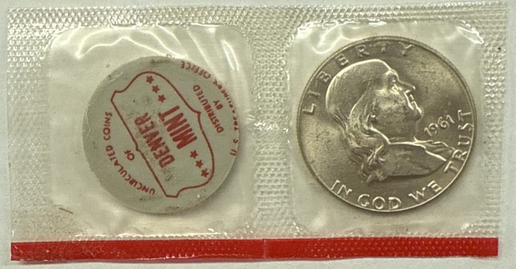 1961 D Uncirculated Franklin Half Dollar In Mint Cello + Mint Token - 90% Silver