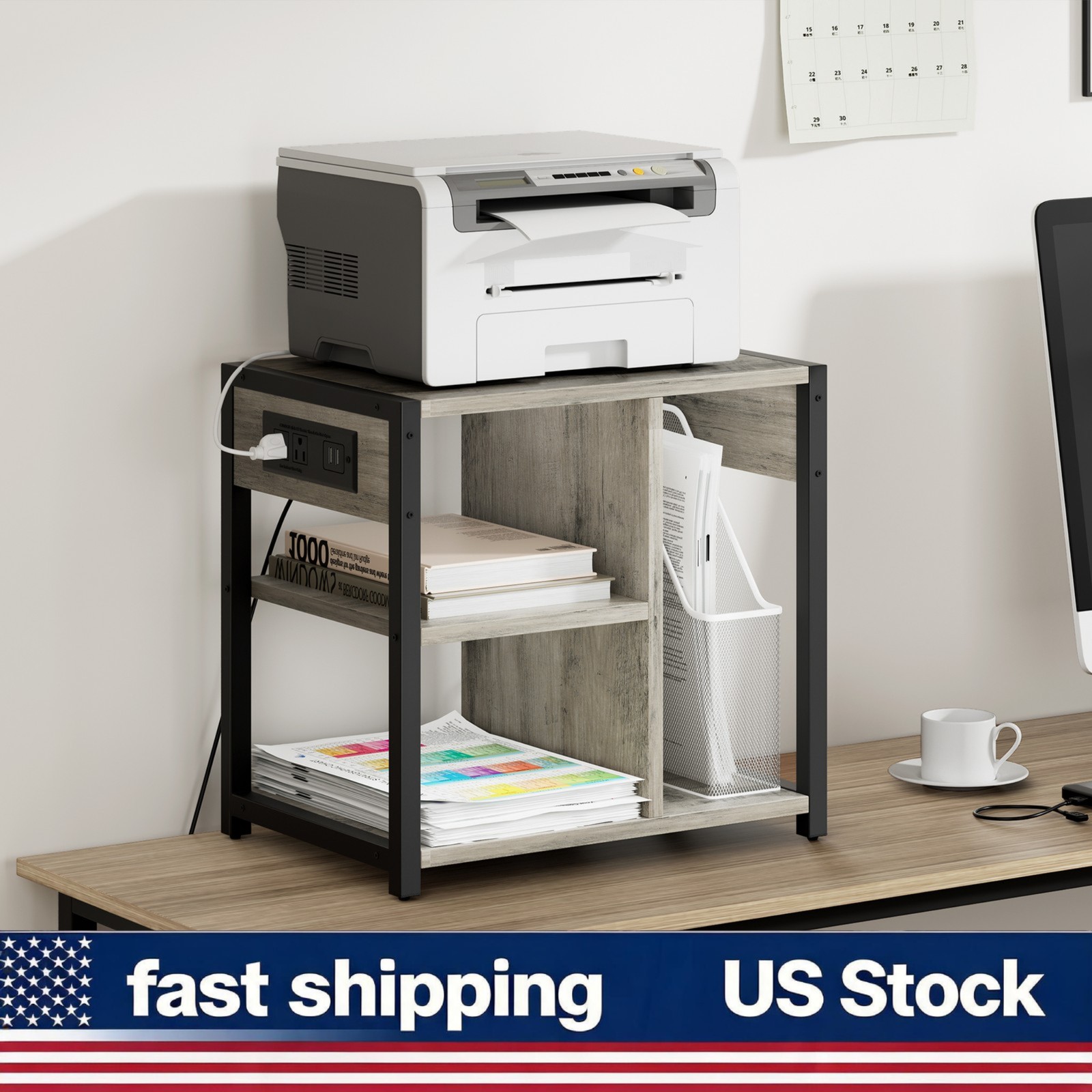 Under Desk Mobile Printer Stand with Power Outlets Small Utility Storage Cart