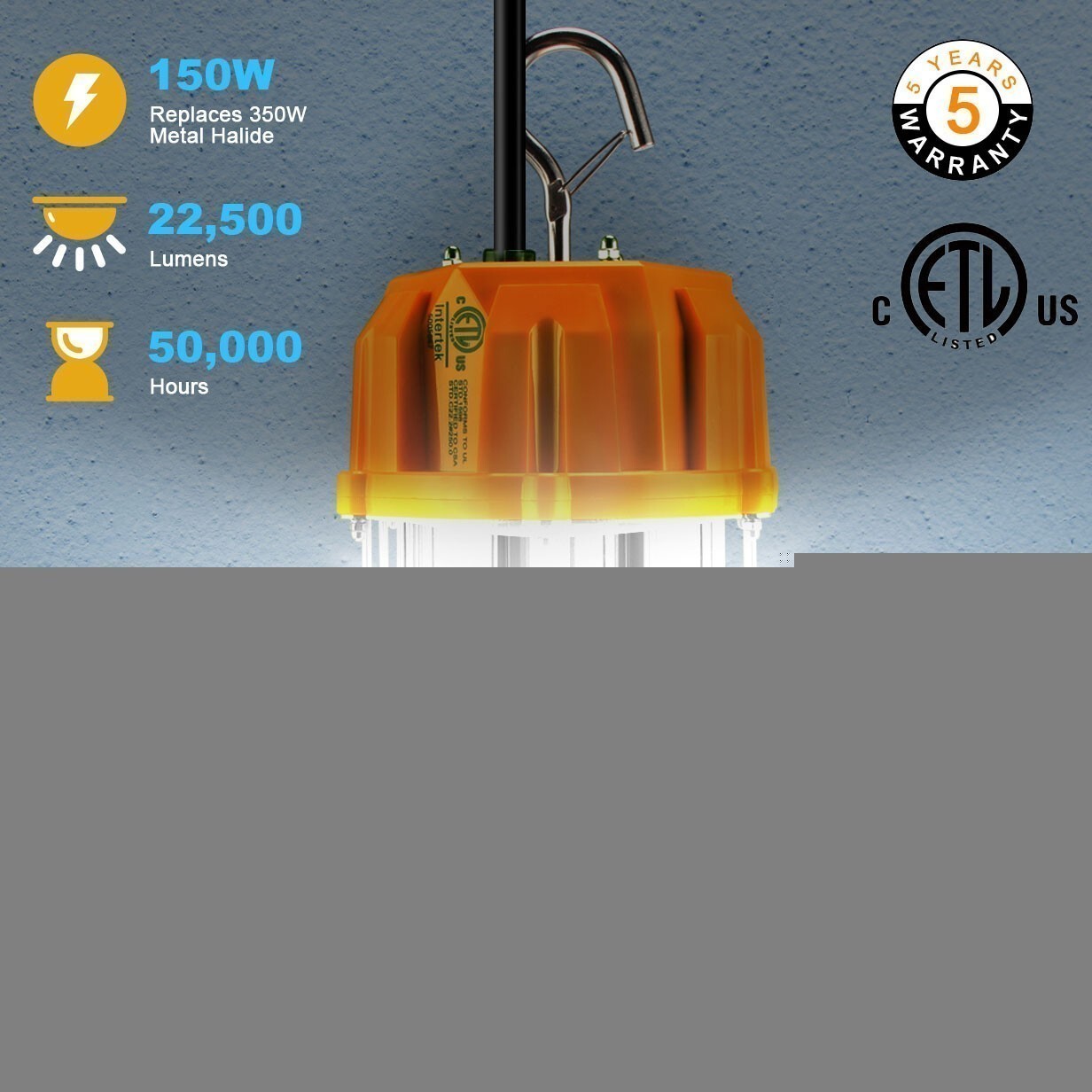 150 Watt LED Temporary Lights Plug-n-Play 5000K Hanging Construction Lightings