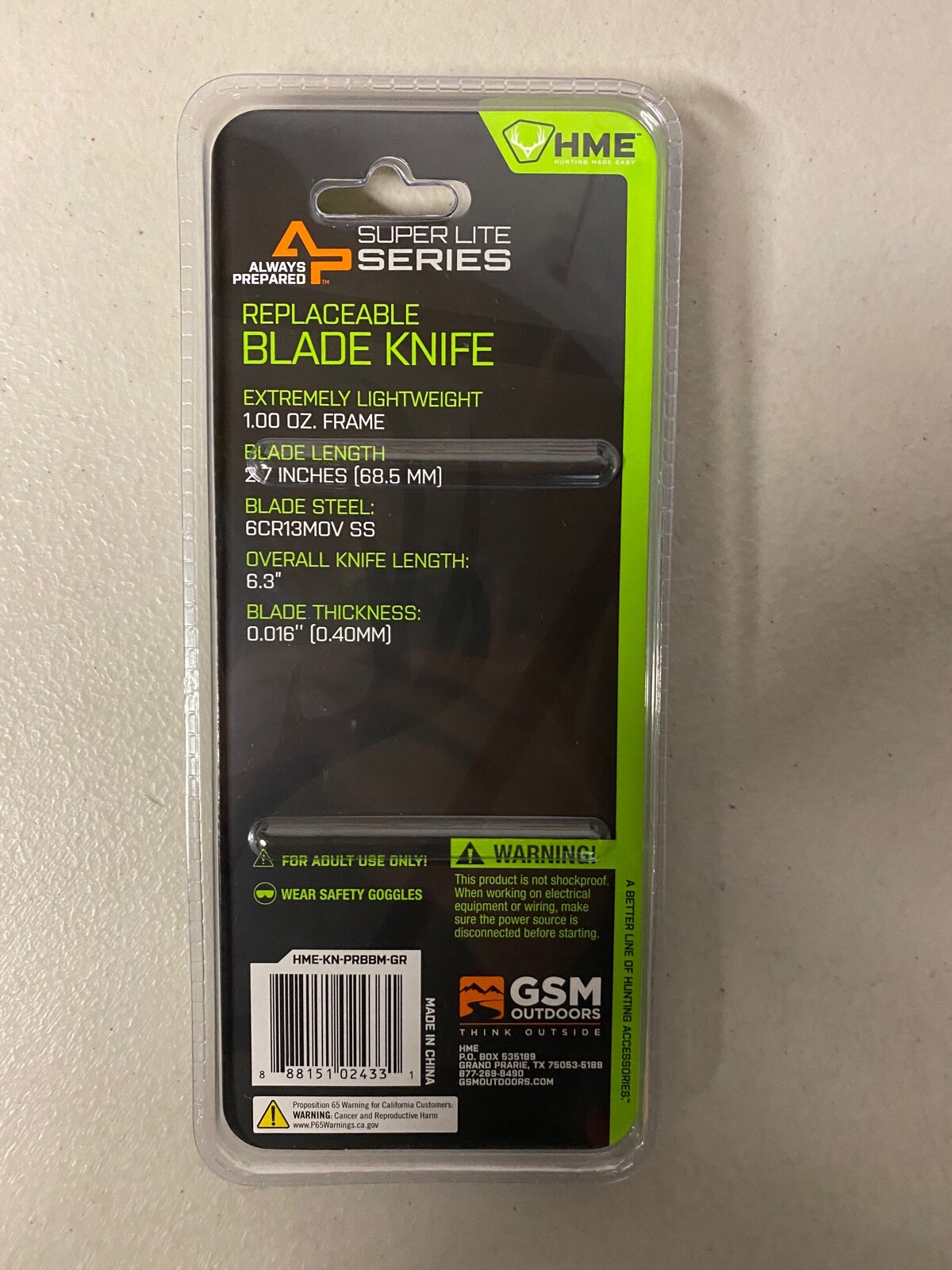HME Knife with Replaceable Blade Green HME-KN-PRBBM-GR