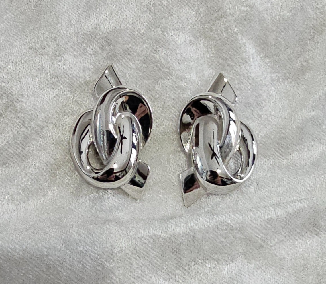 Givenchy Clip Earrings Glossy Silver Tone Statement Love Knot Ribbon