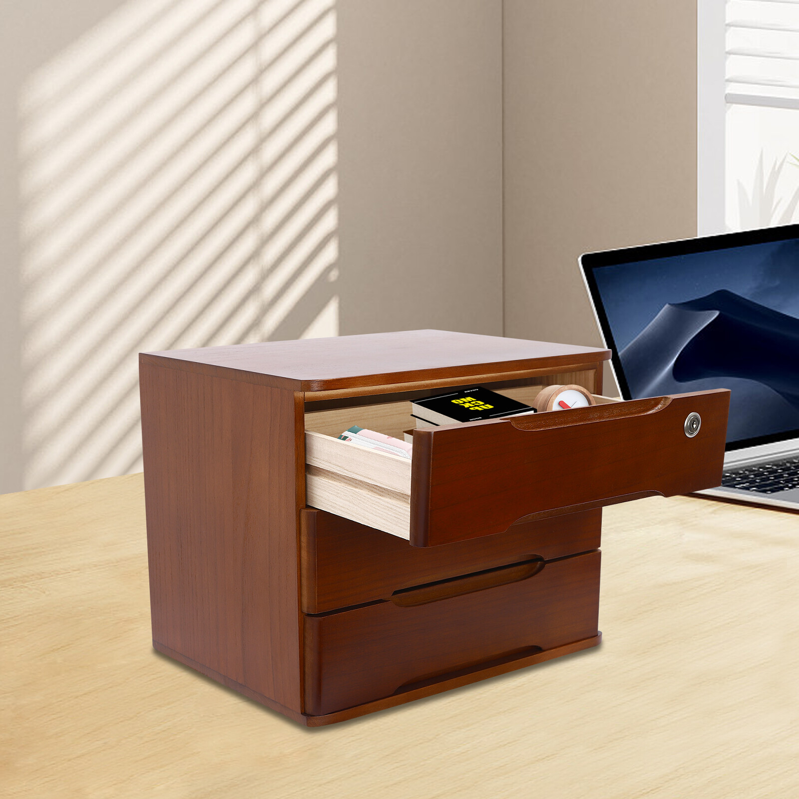 3-Tier File Cabinet Walnut Organizer Desktop Storage Box with Lockable 3 Drawers
