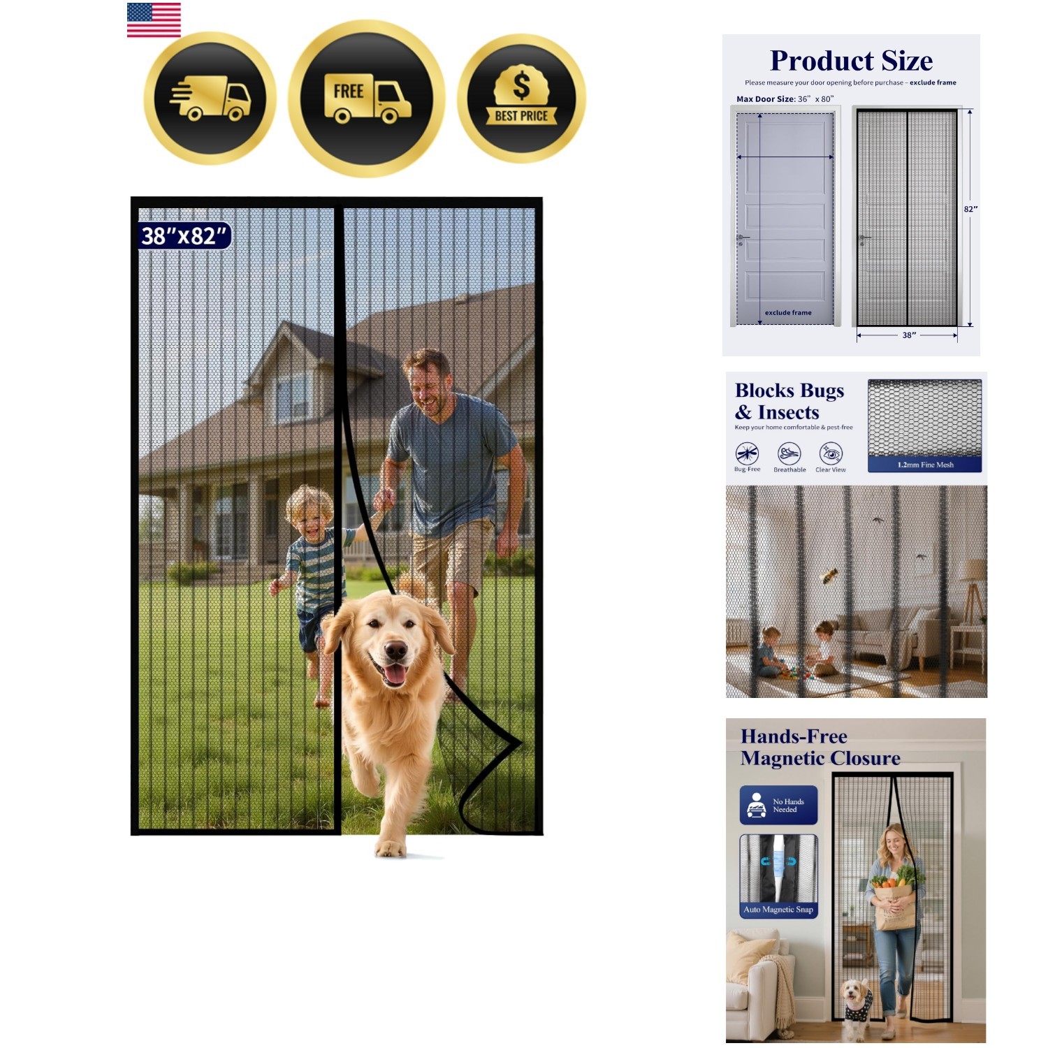 Magnetic Screen Door - 38.0 x 82.0 in Retractable Screen Door Mesh for Front ...