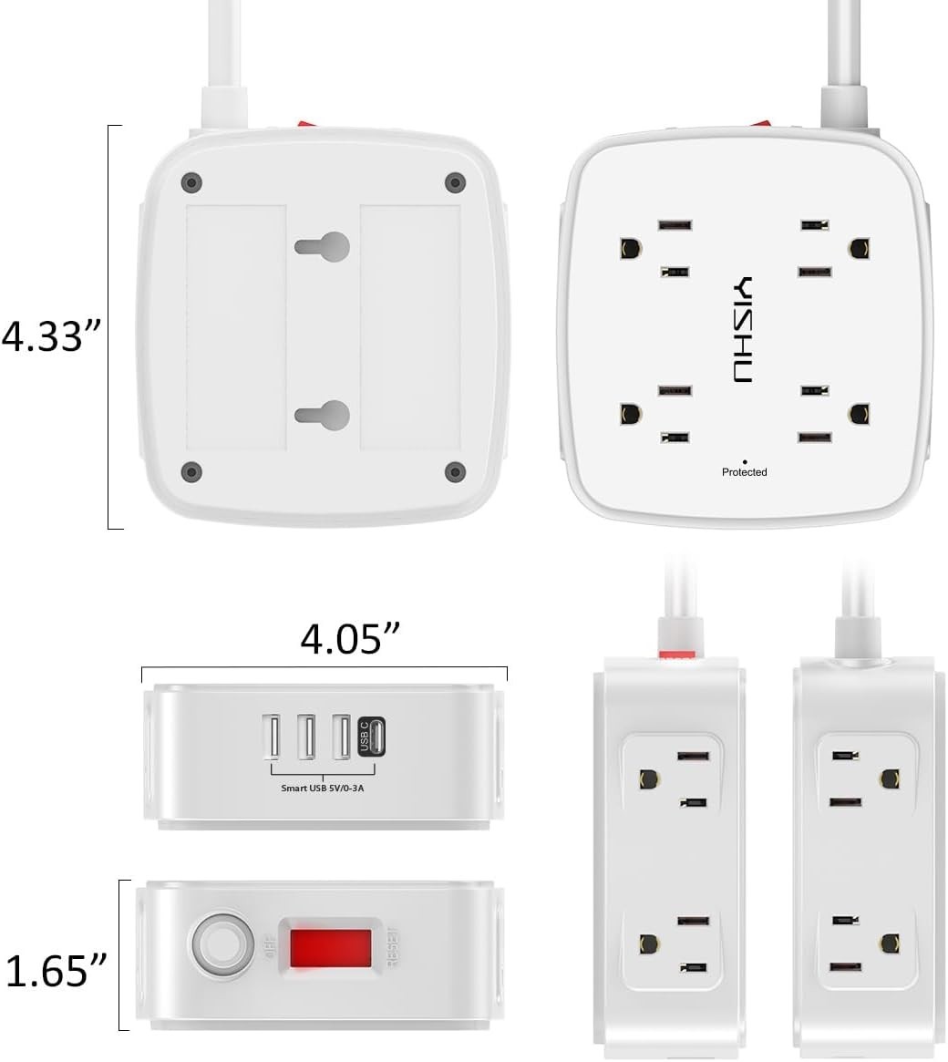 🔌 6FT Surge Protector Power Strip ⚡ 8 Outlets 4 USB Flat Plug Extension White