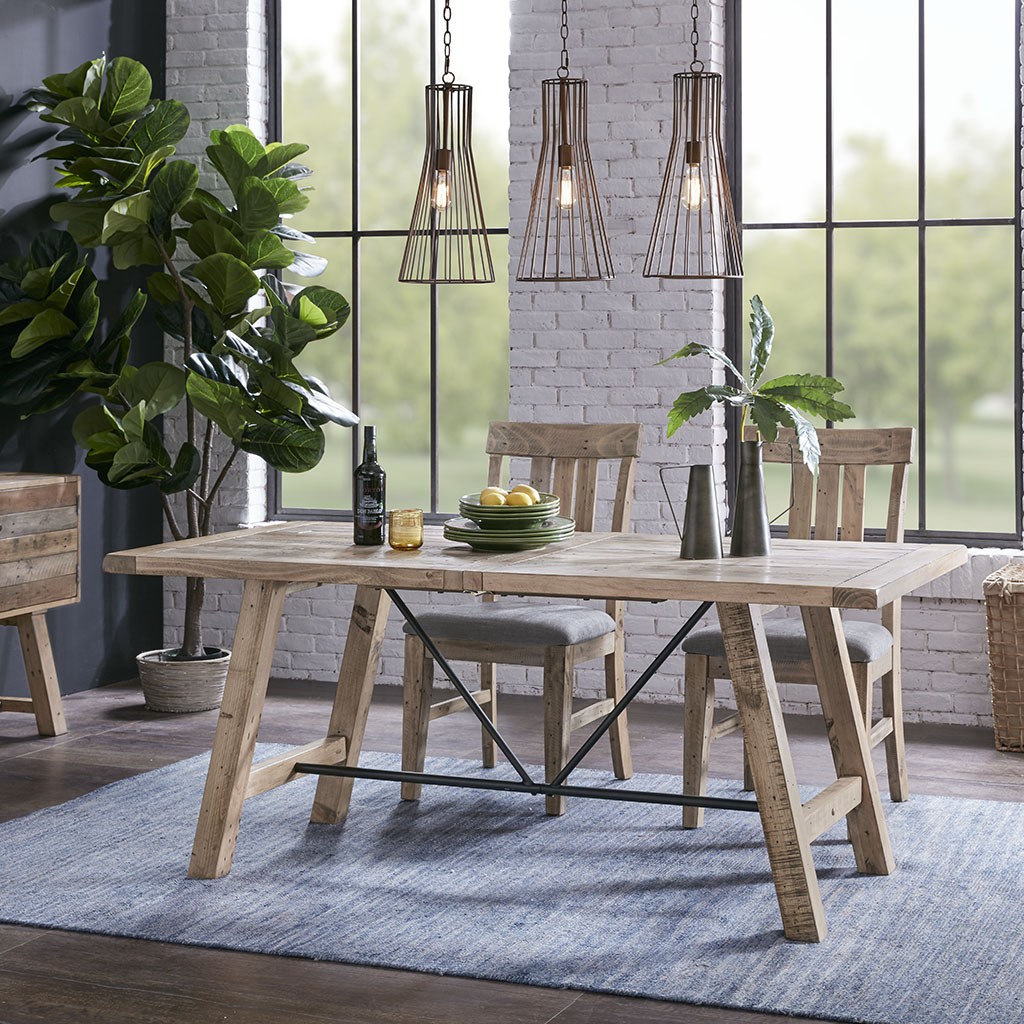 Solid wood dining table, metal stretcher, solid pine top and legs