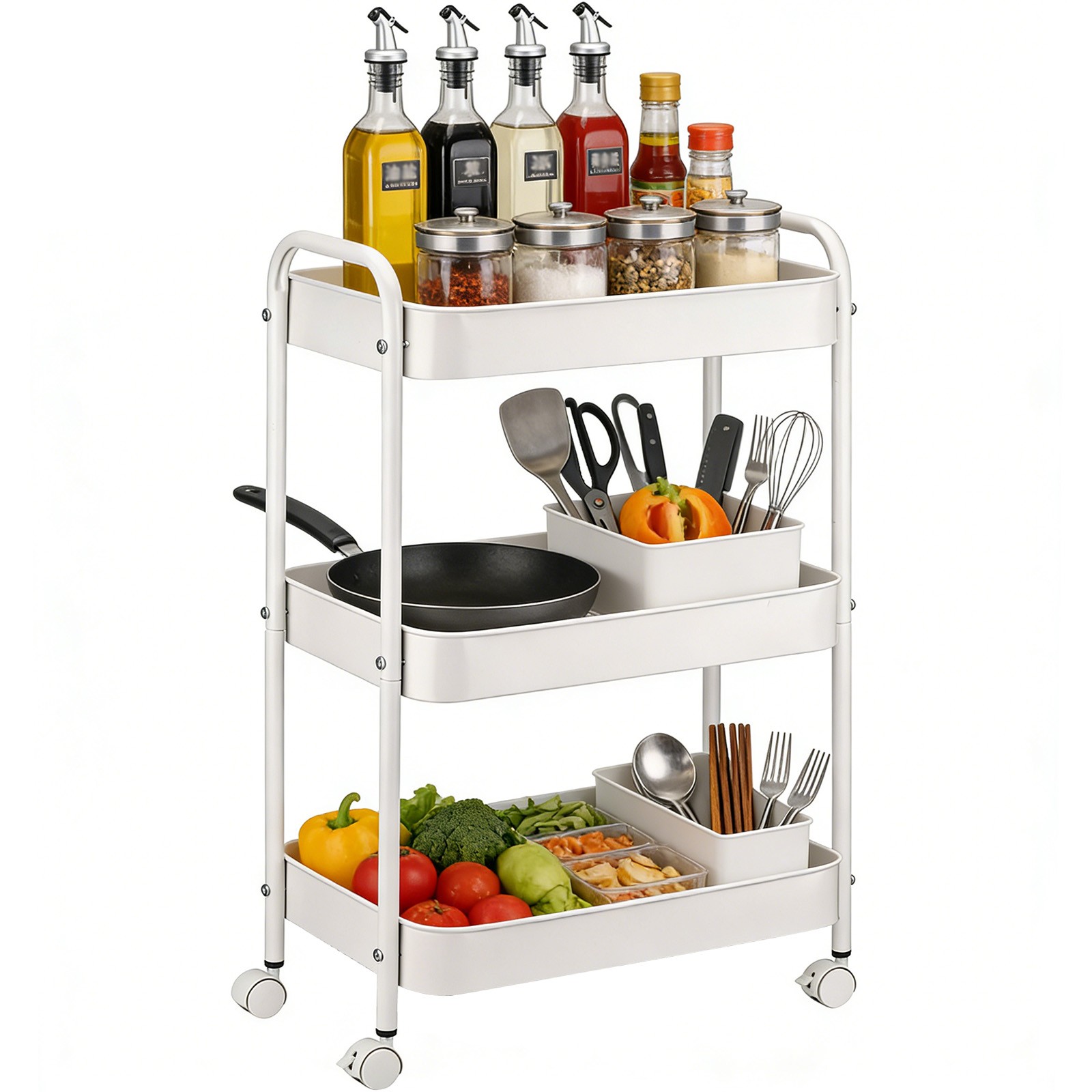 3-Tier Metal Rolling Utility Cart Lightweight Storage Organizer Trolley w/ hooks