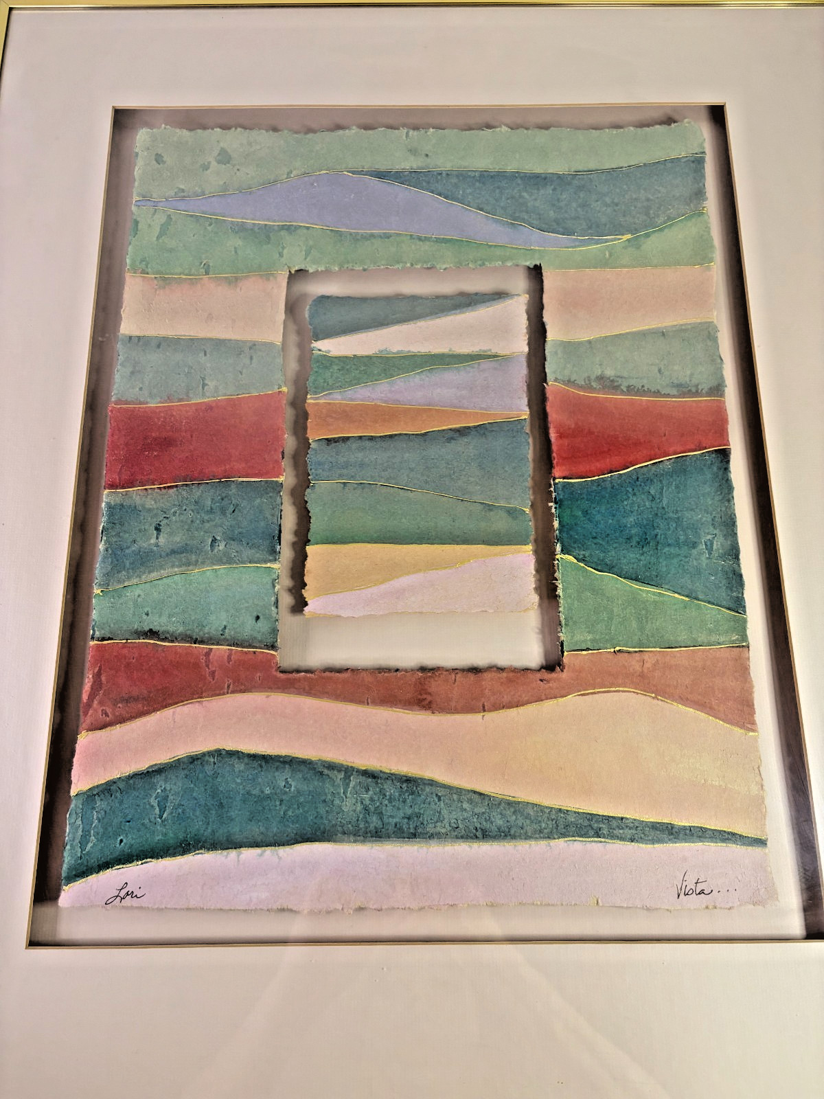 Lori “Vista” Torn Handmade Paper Collage Framed Abstract Landscape