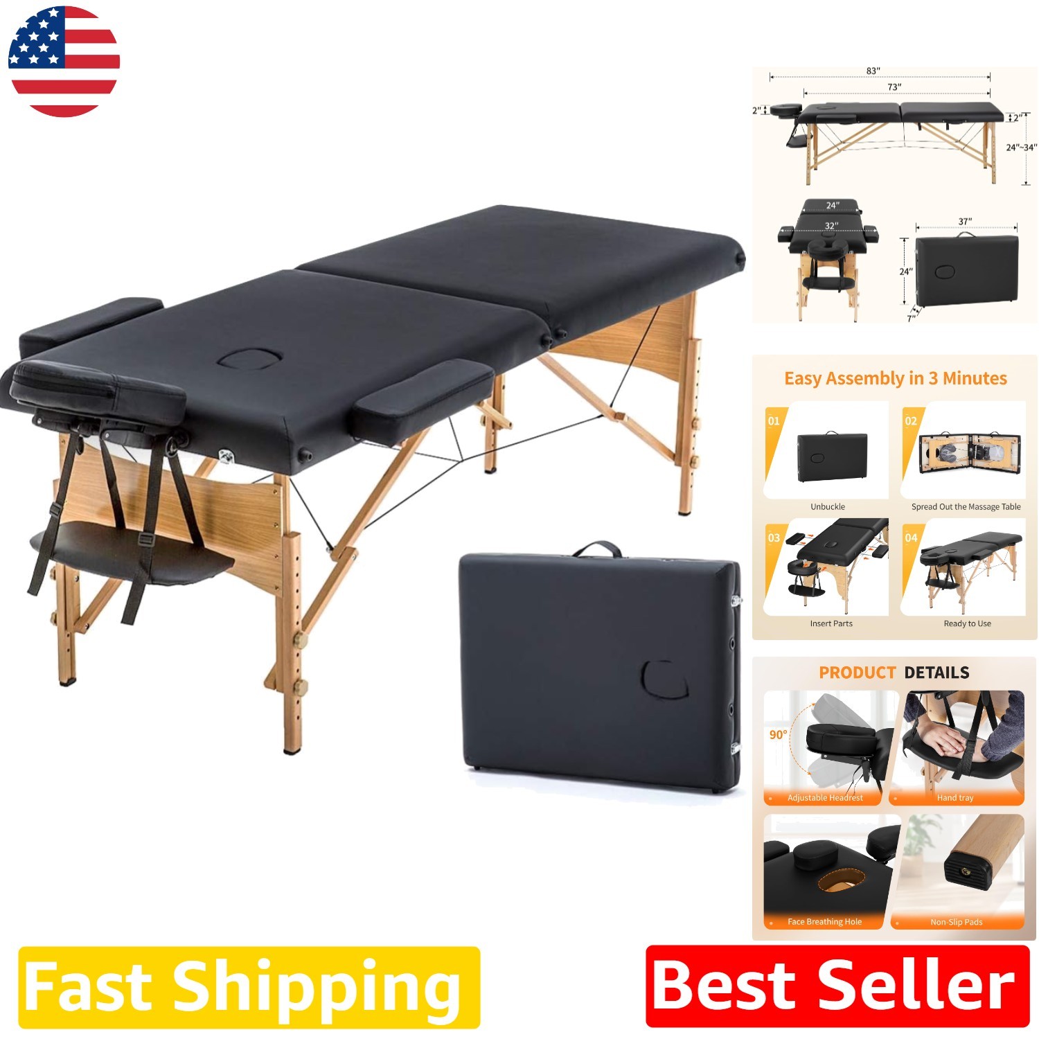 Easy Setup 24" Lash Bed: Portable Folding Spa Table, 2" Cushion, Black, 24-34" H