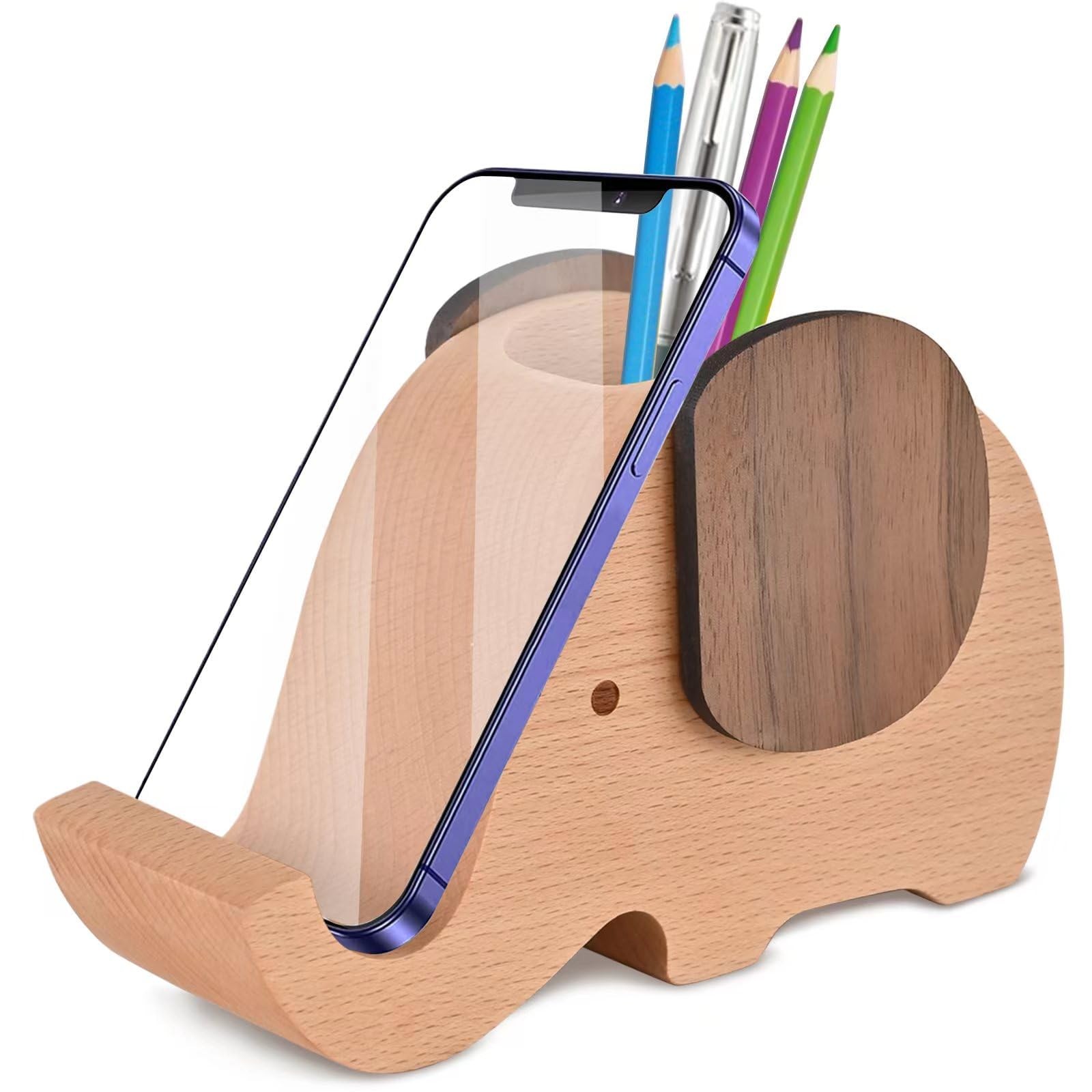 AhfuLife Wooden Elephant Cell Phone Holder/Stand with Pen&Pencil Holder/Pot,
