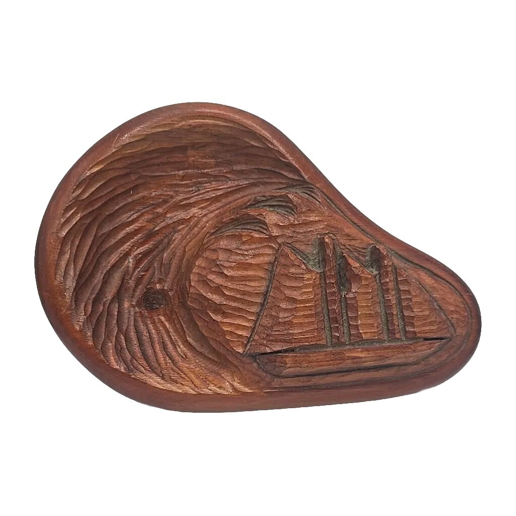 Vintage MCM Carved Wooden Trinket Dish  Sailboat 10"X7"